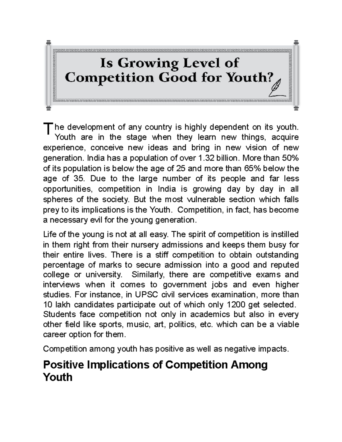 Essay topic Is growing level of competition good for your youth - T he ...