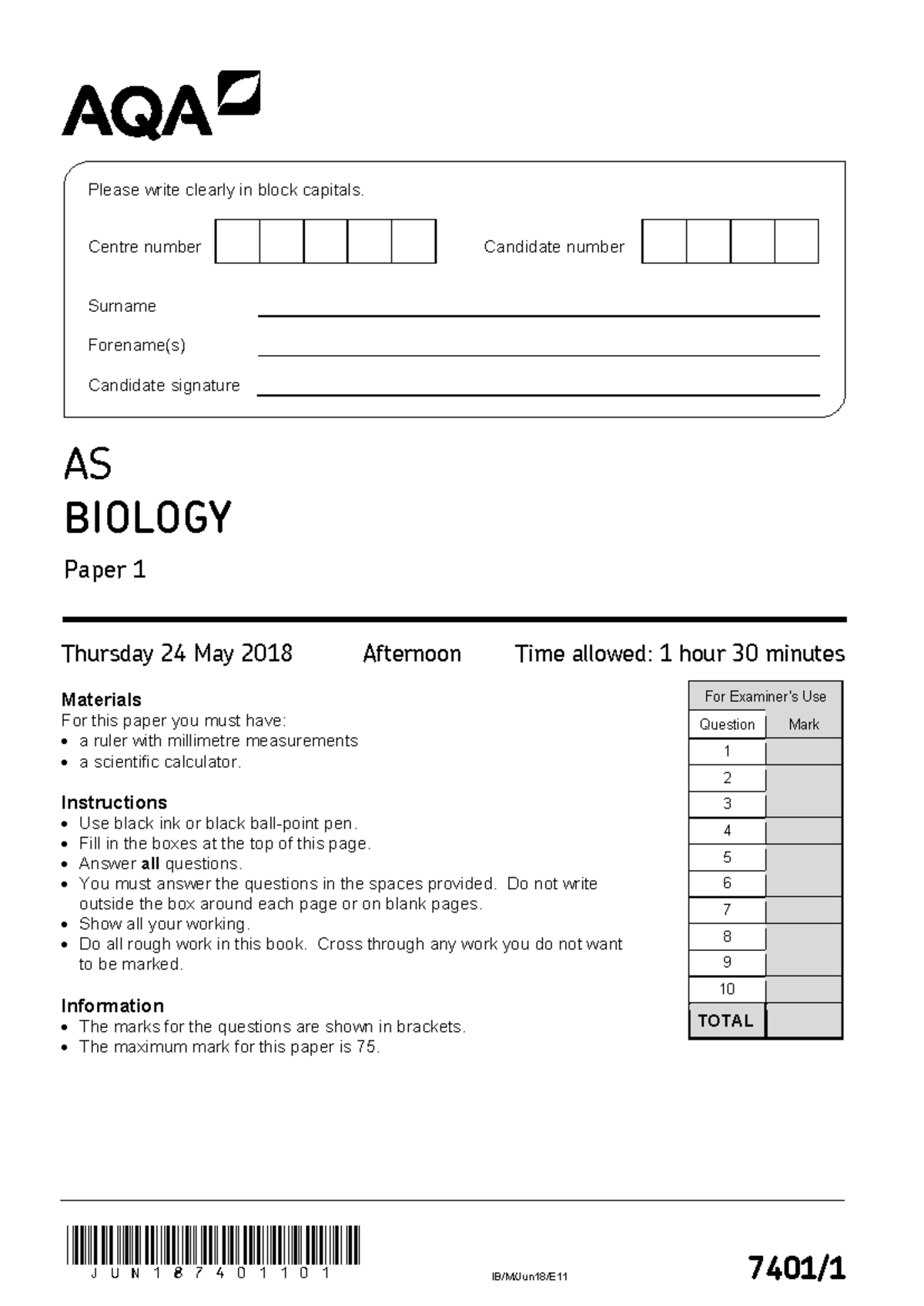 AS BIOLOGY Paper 1 - Past Exam Paper May 2018 - Studocu