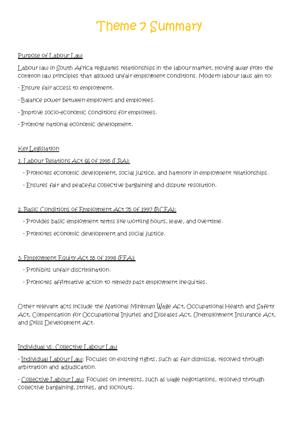 Theme 7: Summary of Labour Law in South Africa (Course Code: BER) - Studocu