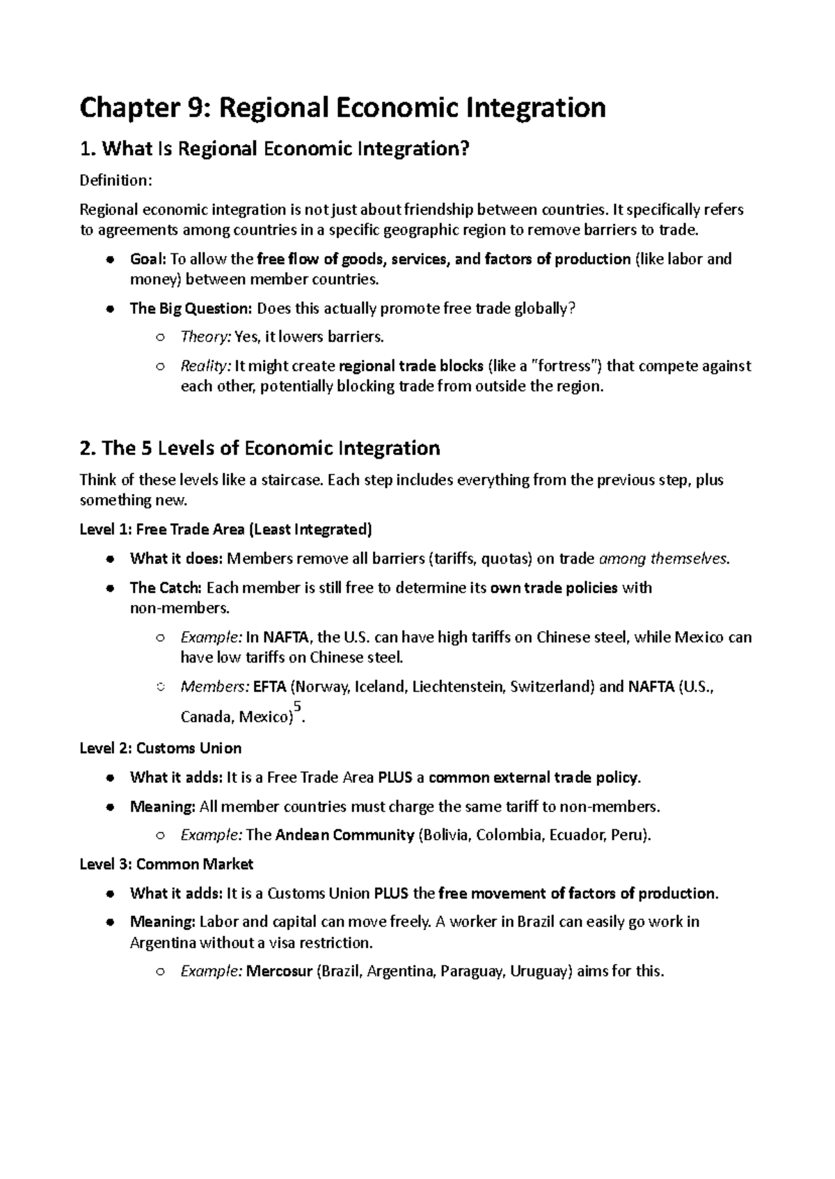 IB Chapter 9: Regional Economic Integration - Final Exam Notes - Document Preview