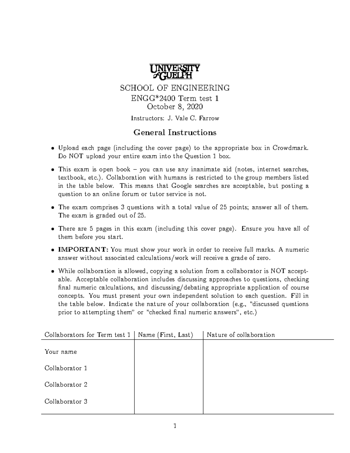ENGG*2400 Term Test 1 Practice Examination - October 2020 - Studocu