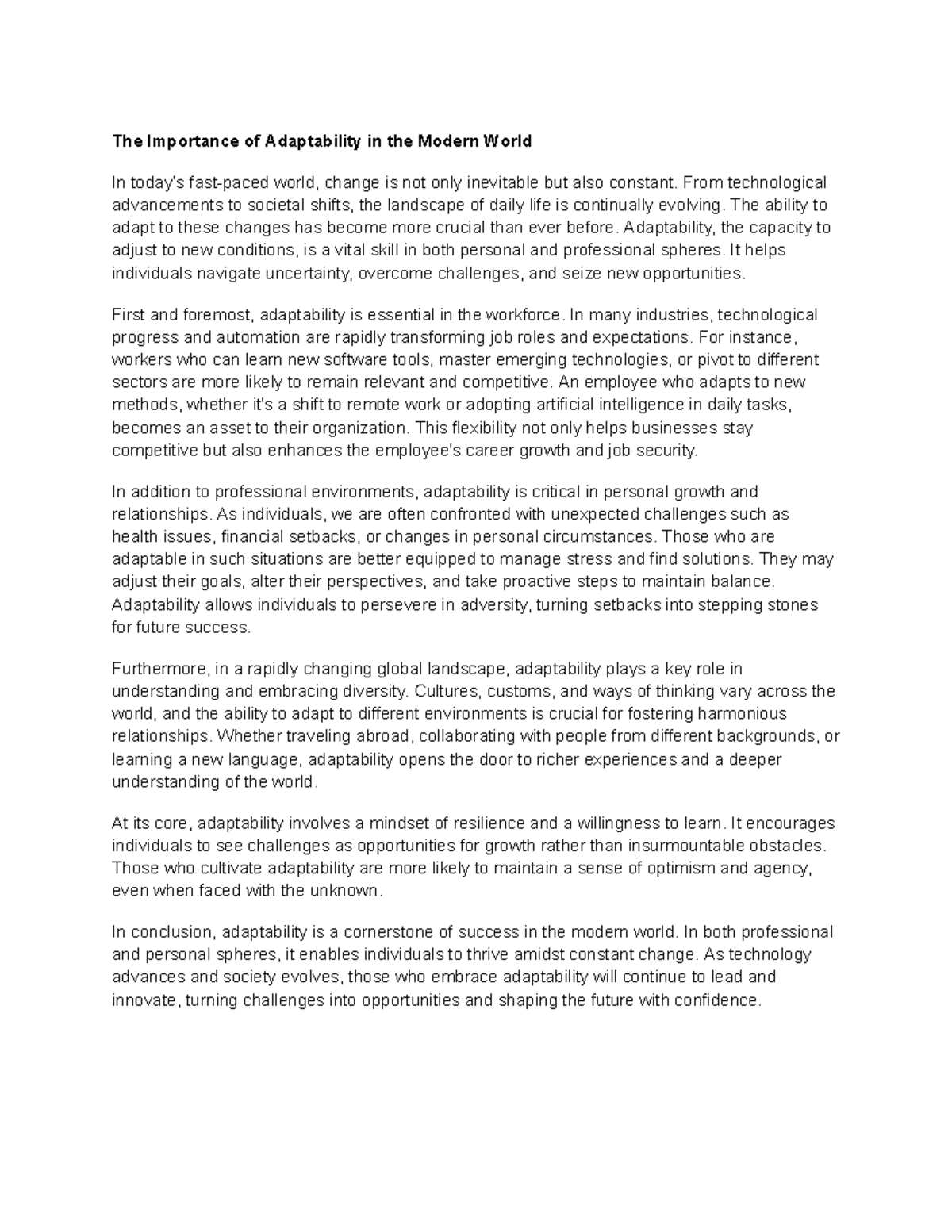 Essay - notes - The Importance of Adaptability in the Modern World In ...