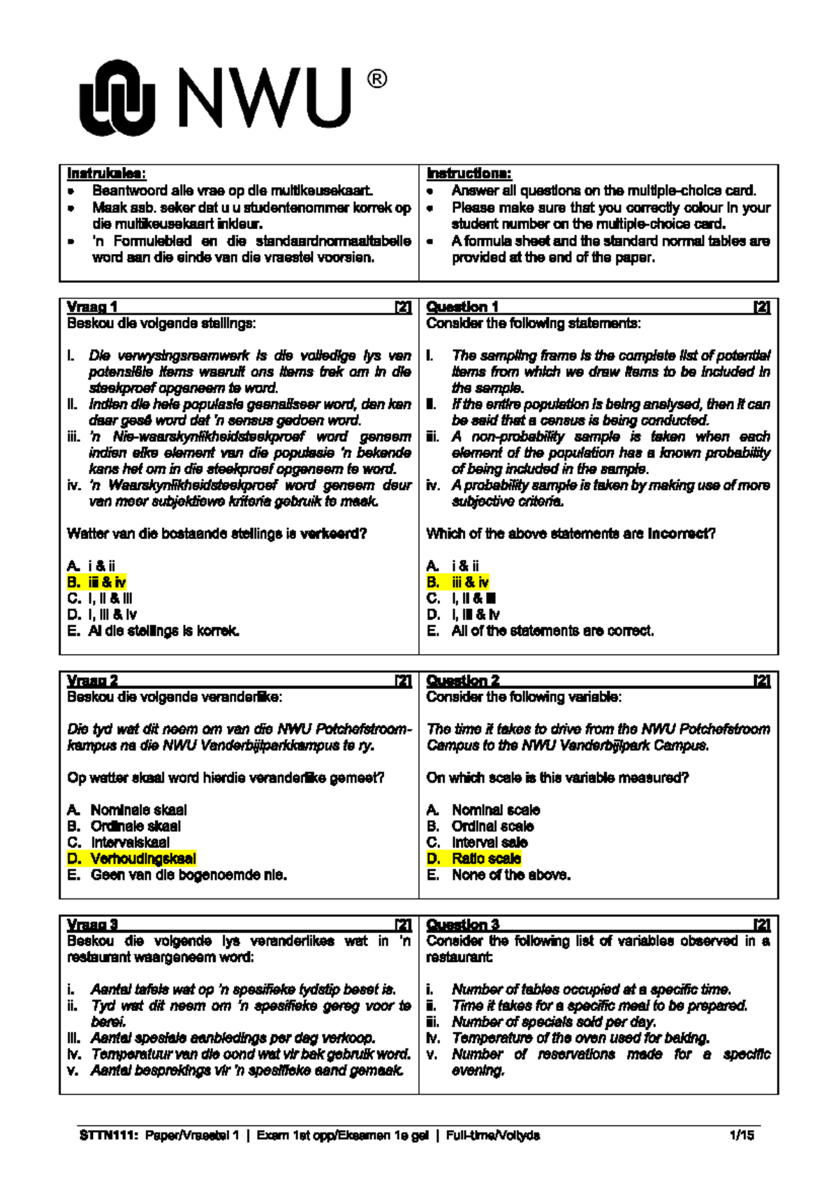 STTN111 2024 Exam 1st Opp MEMO 002 - W NWU R Instruksies: Instructions ...