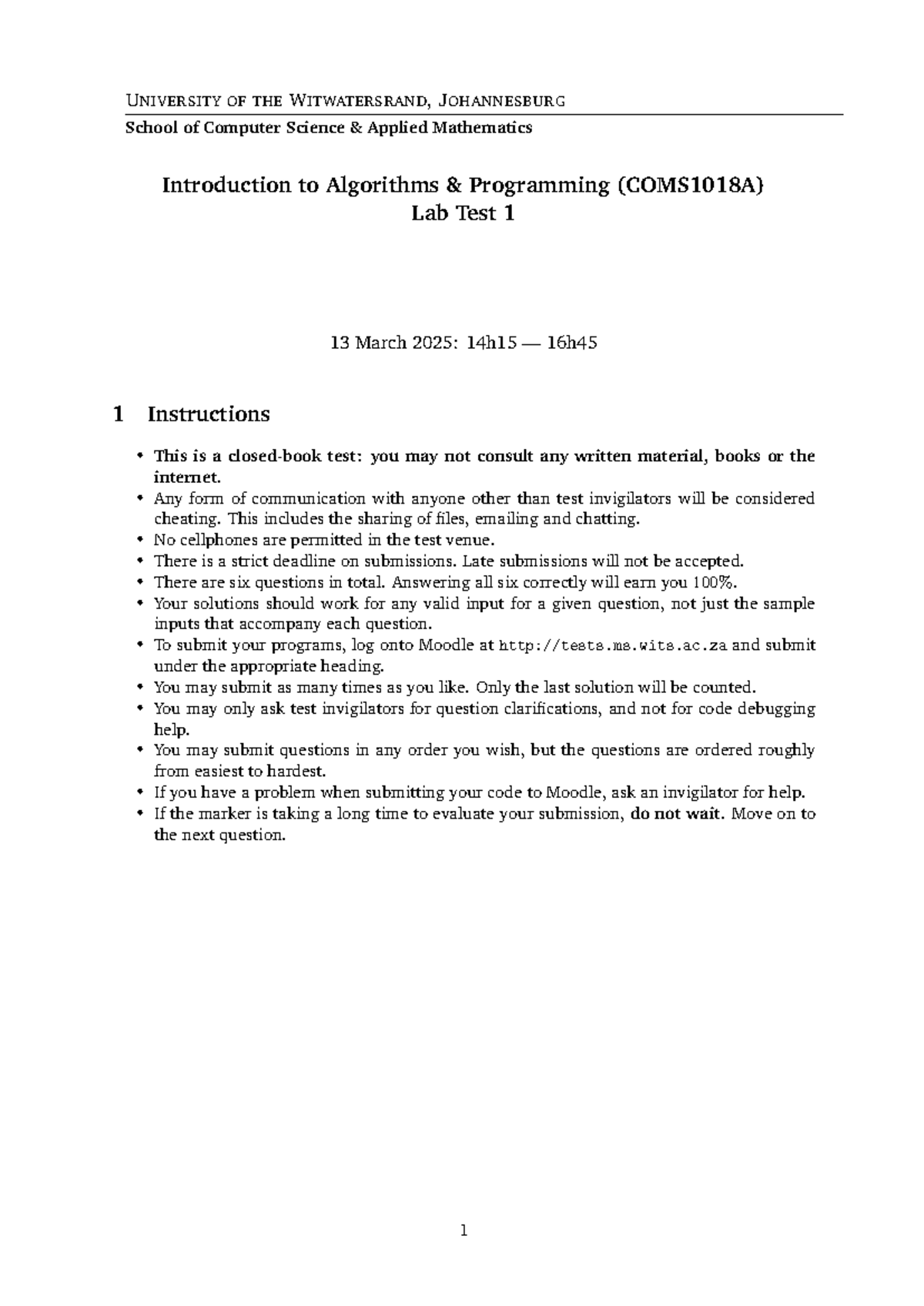 Lab Test 1: Intro to Algorithms & Programming (COMS1018A) - Studocu
