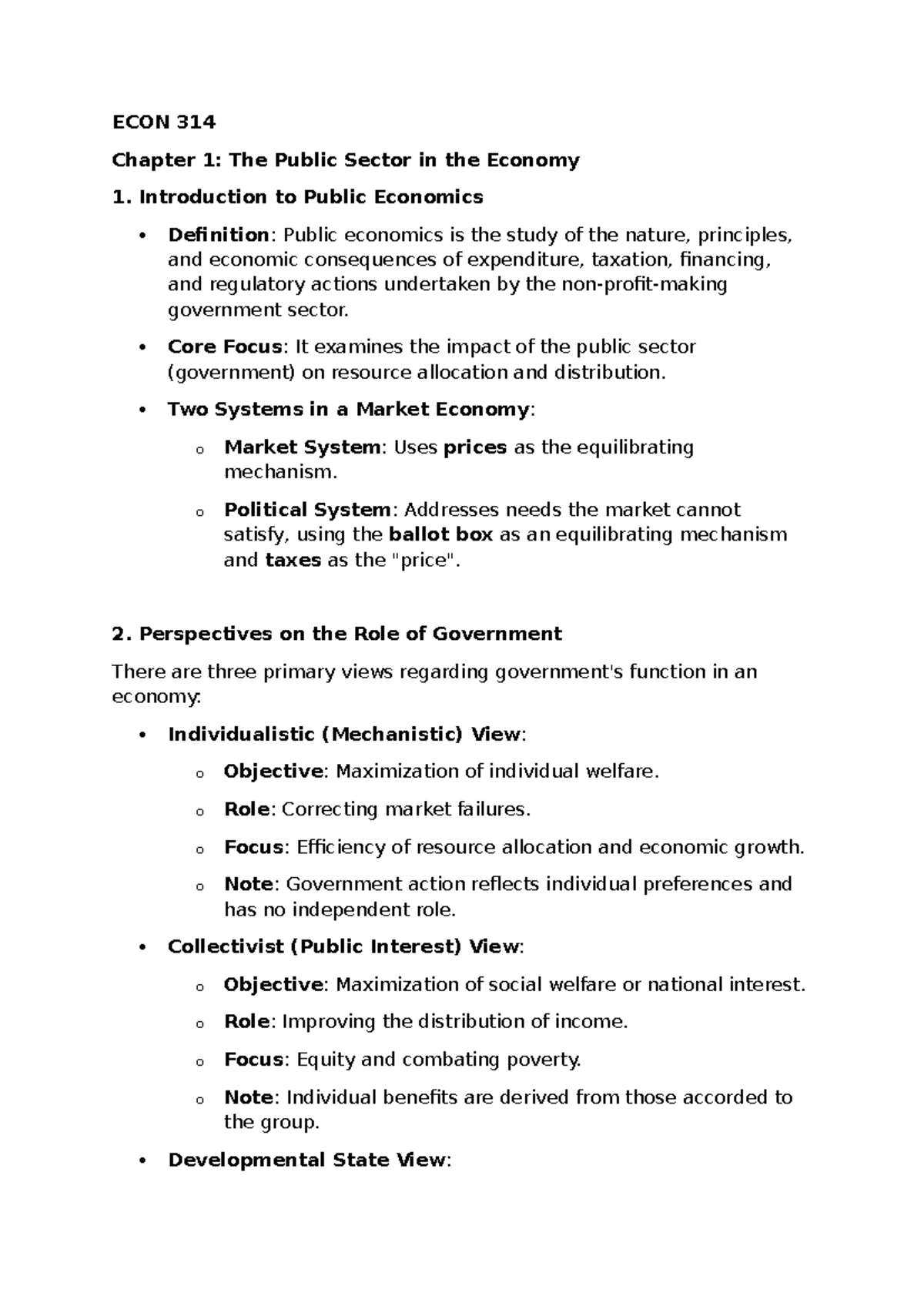 ECON 314 Chapter 1: Understanding the Public Sector's Role - Studocu