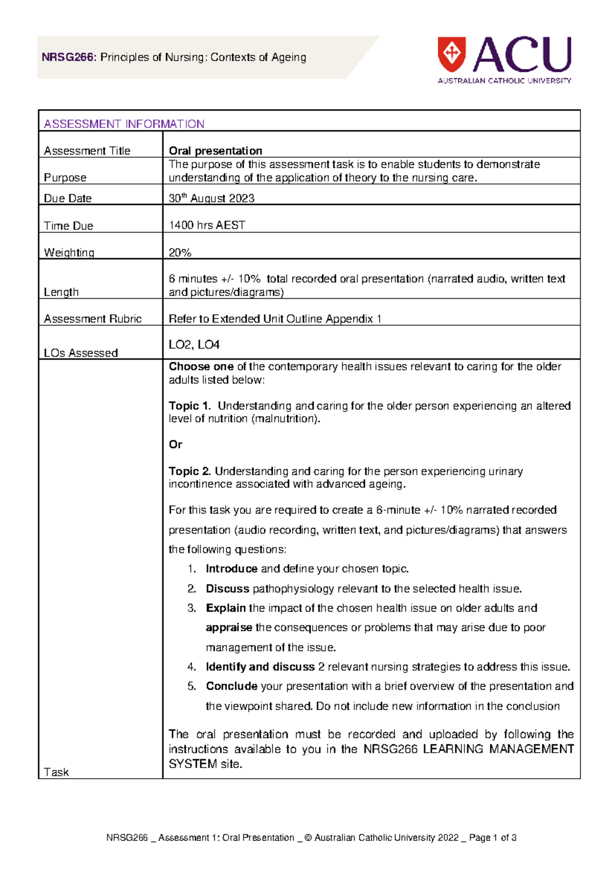 NRSG266 Assessment 1: Oral Presentation on Ageing Health Issues - Studocu