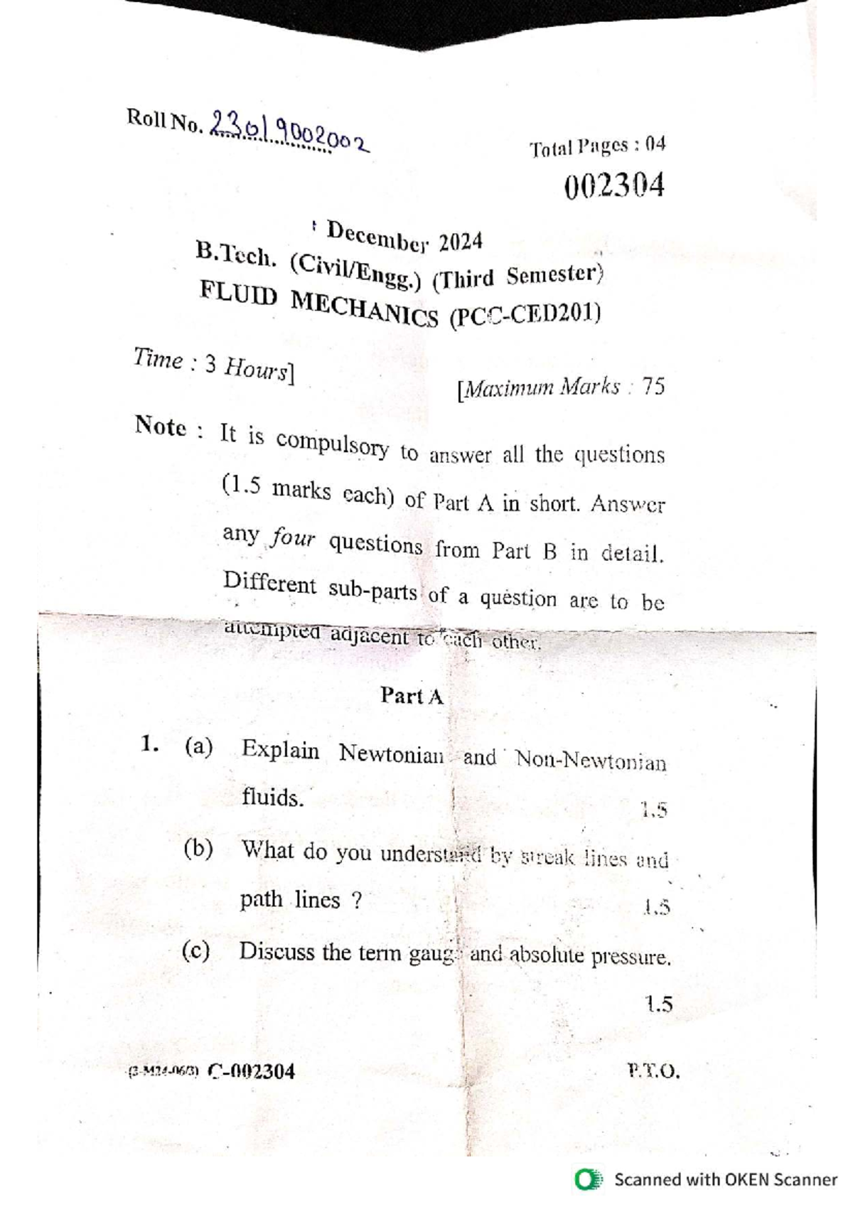 B.Tech (Civil) 3rd Sem Fluid Mechanics Question Paper 2024 - Studocu