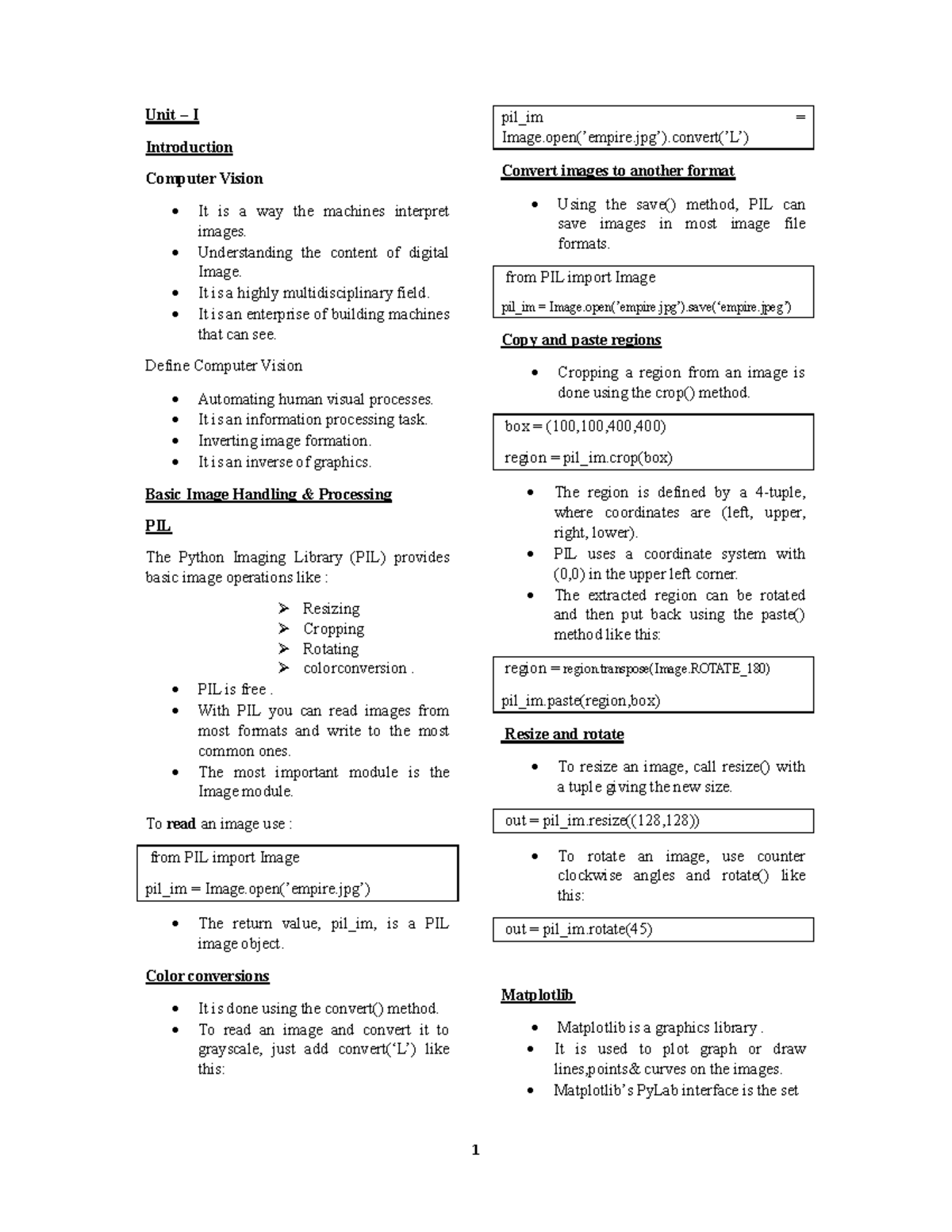 Unit I - Introduction to Computer Vision and Image Processing - Studocu