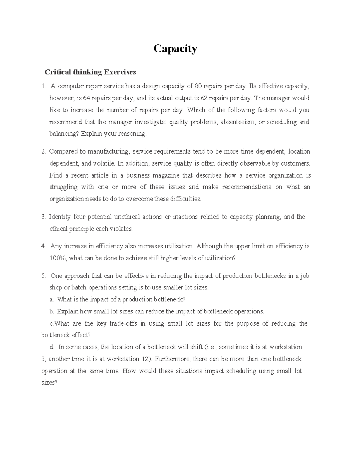 Capacity Planning & Critical Thinking Exercises for Ops MGT 101 - Studocu