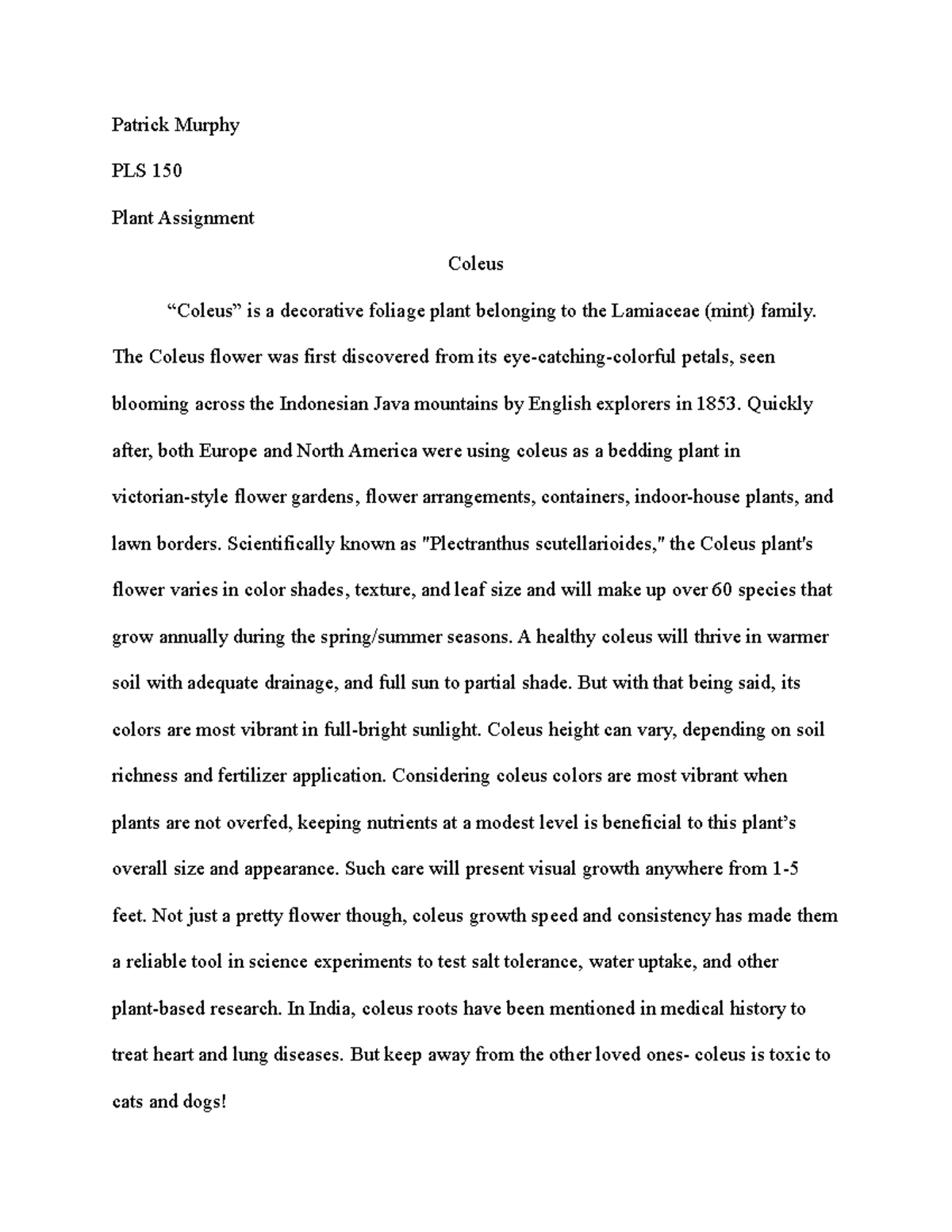 Plant assignment - Patrick Murphy PLS 150 Plant Assignment Coleus ...