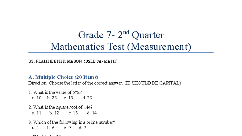Grade 2 BSED MATH 2nd Quarter Math Test & Answer Key - Studocu