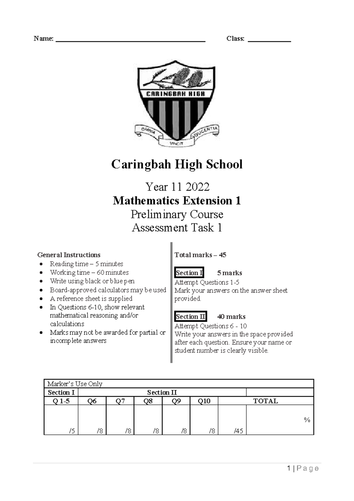 2022 Year 11 Mathematics Extension 1 Preliminary AT1 Exam Guide - Studocu
