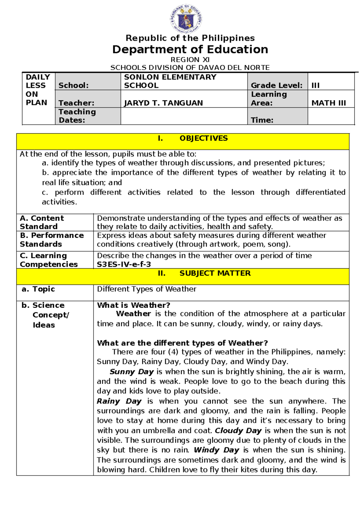 SMEP-LP- Weather Lesson Plan for Grade Level Math - Studocu