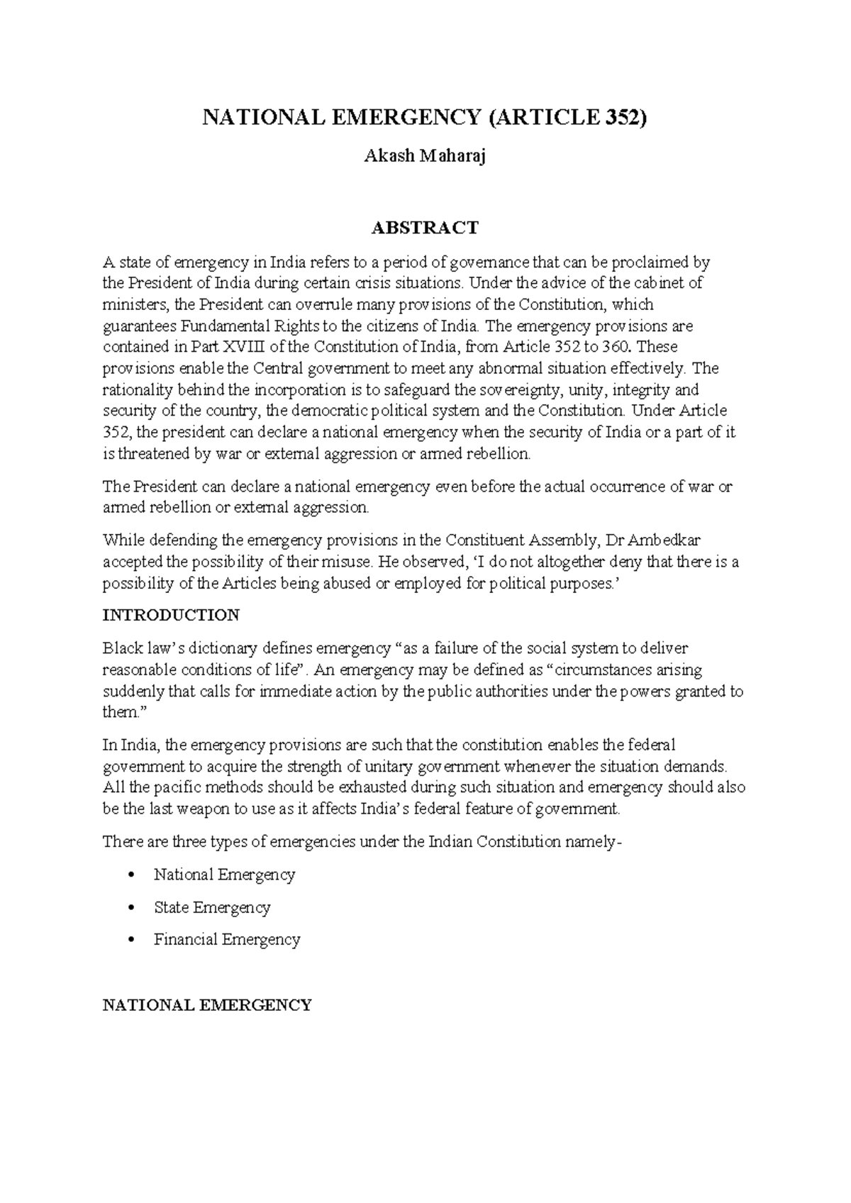 National Emergency: Understanding Article 352 - ASSIGNMENT - Studocu