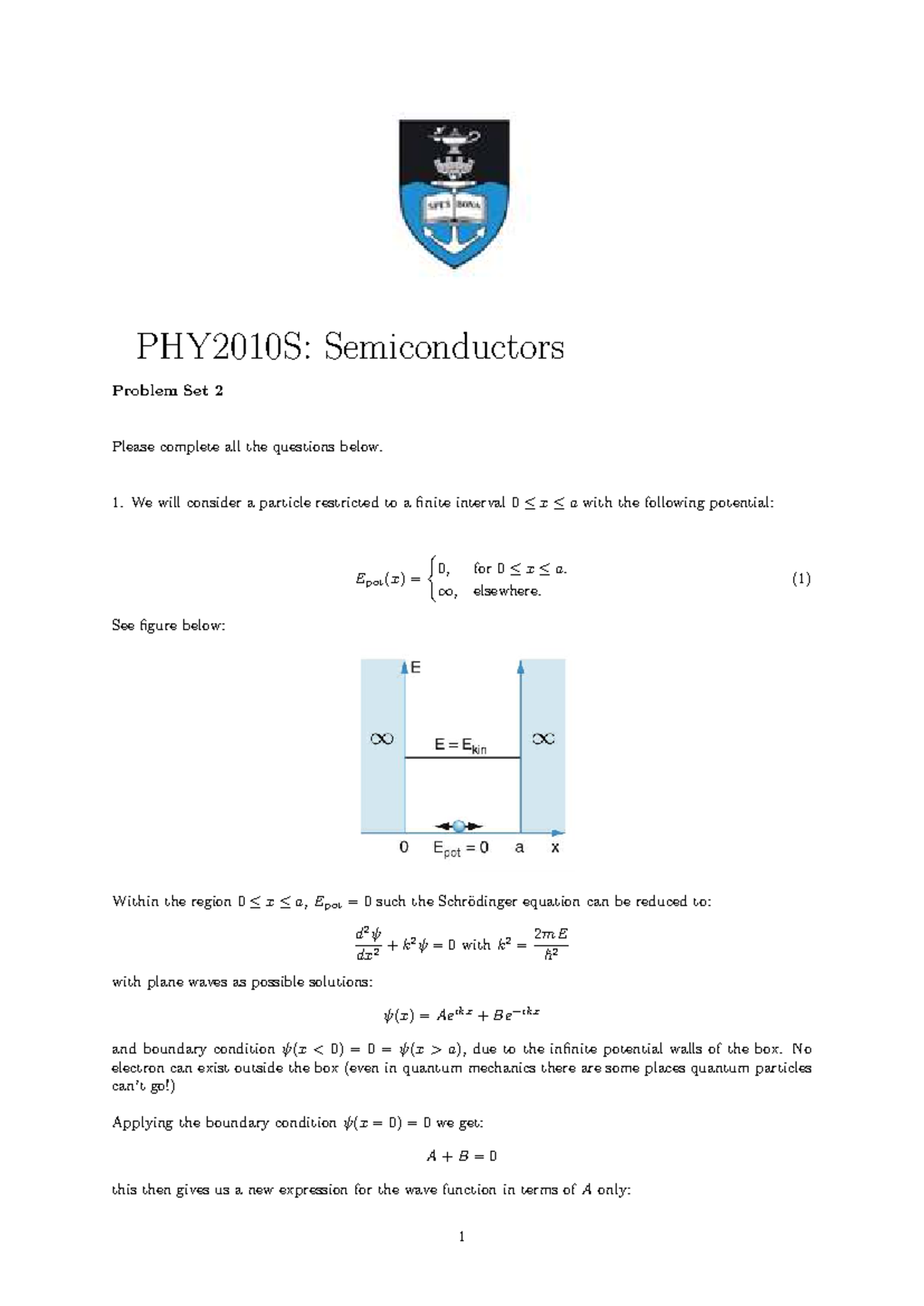PHY2010S: Semiconductors Problem Set 2 Solutions and Notes - Studocu