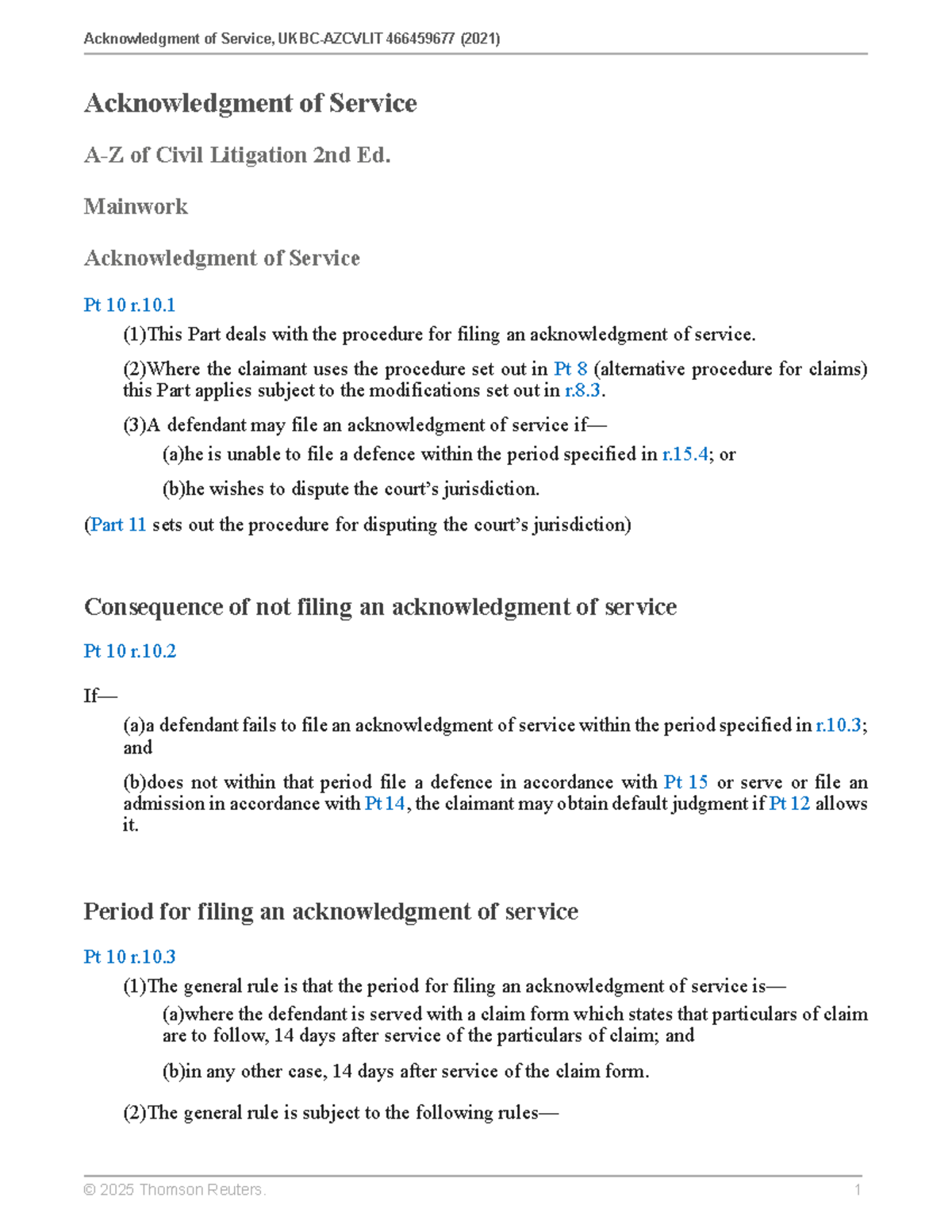 Civil Lit - Acknowledgment of Service & Pt 8 Procedure Overview - Studocu