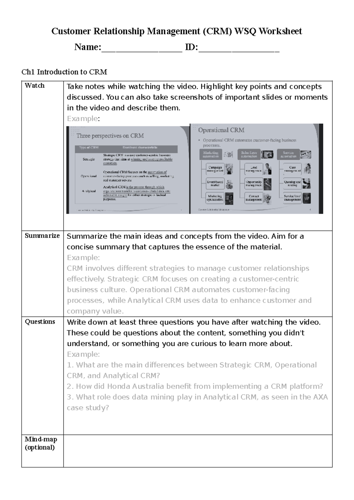 WSQ - good - Customer Relationship Management (CRM) WSQ Worksheet Name