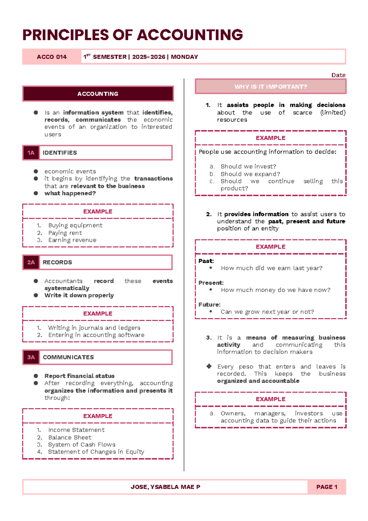 Principles of Accounting ACCO 014 1st Semester Overview and Key ...