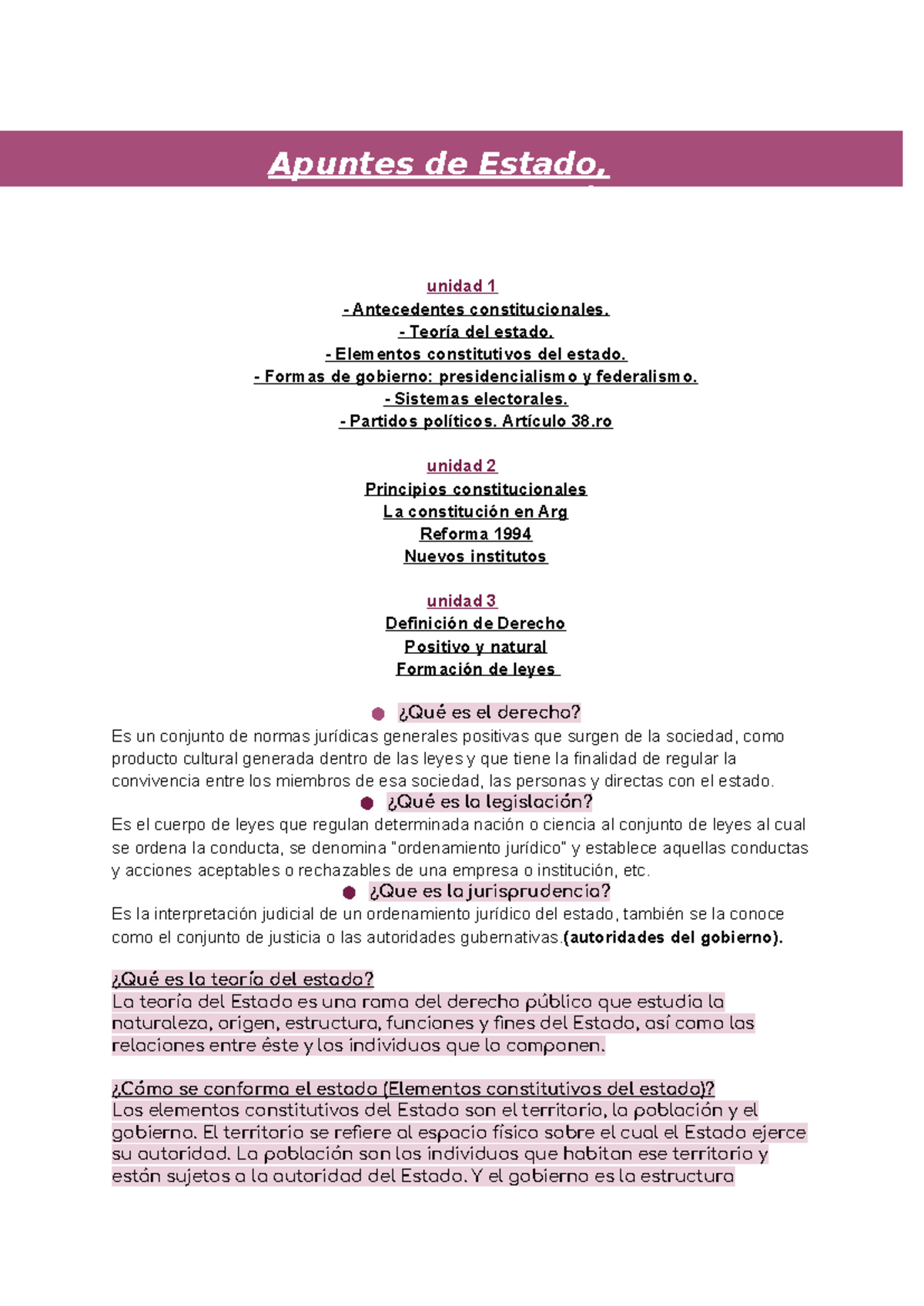 Apuntes de Estado, Derecho y Legislación - Unidades 1, 2 y 3 - Studocu
