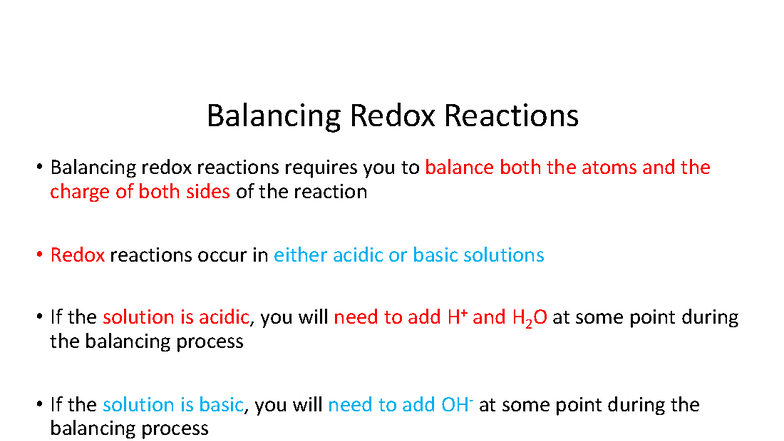 CHMA10 Lecture 09: Balancing Redox Reactions in Acidic & Basic ...