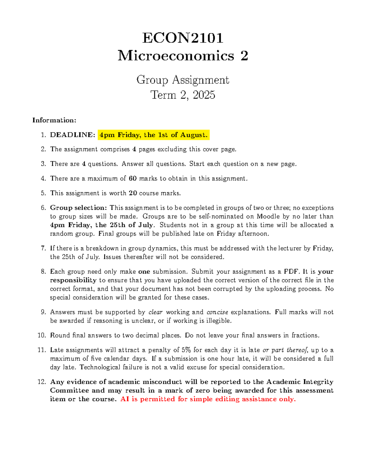 ECON2101 Microeconomics 2 Group Assignment Guidelines Term 2, 2025 ...