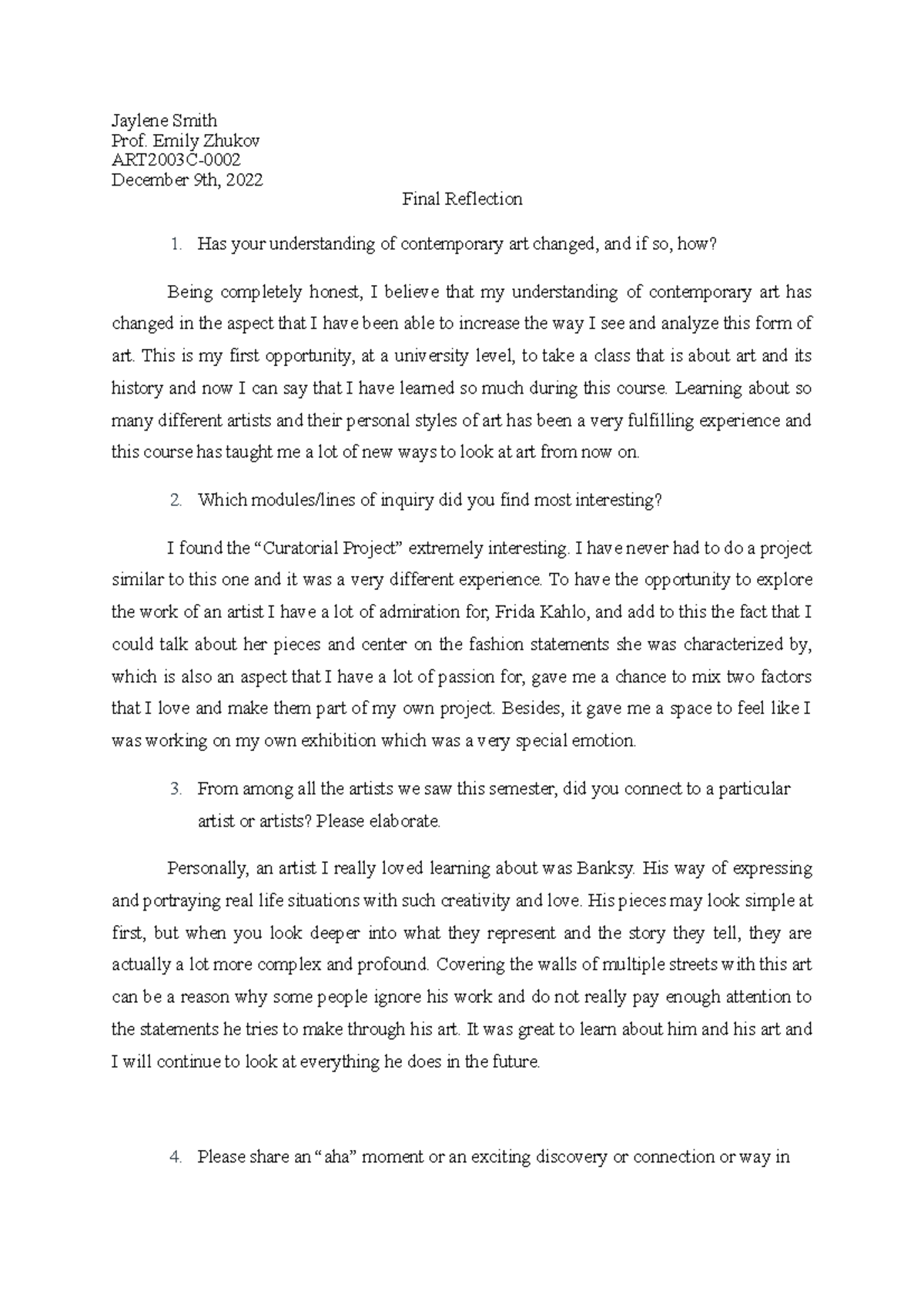Final Reflection on Contemporary Art - ART 2003 C - Studocu