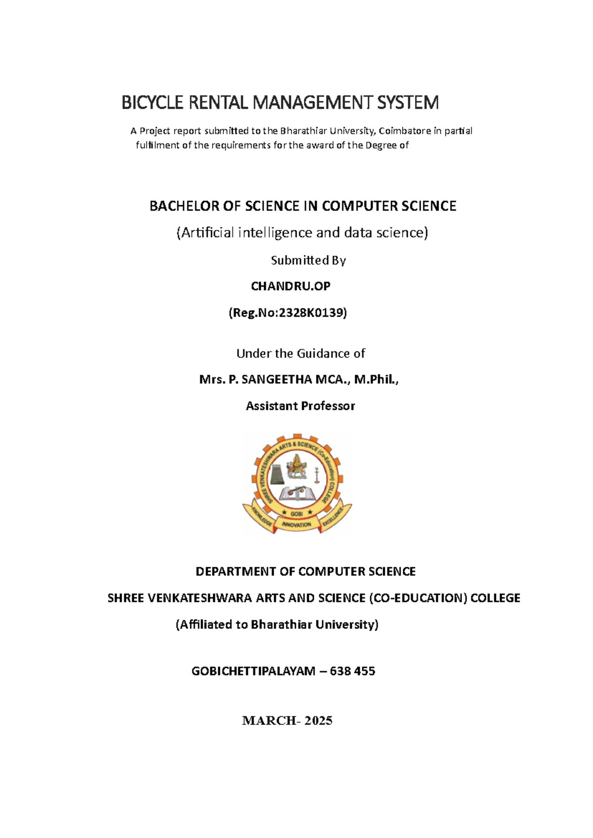 BICYCLE RENTAL MANAGEMENT SYSTEM Project Report for B.Sc. in CS (AI ...