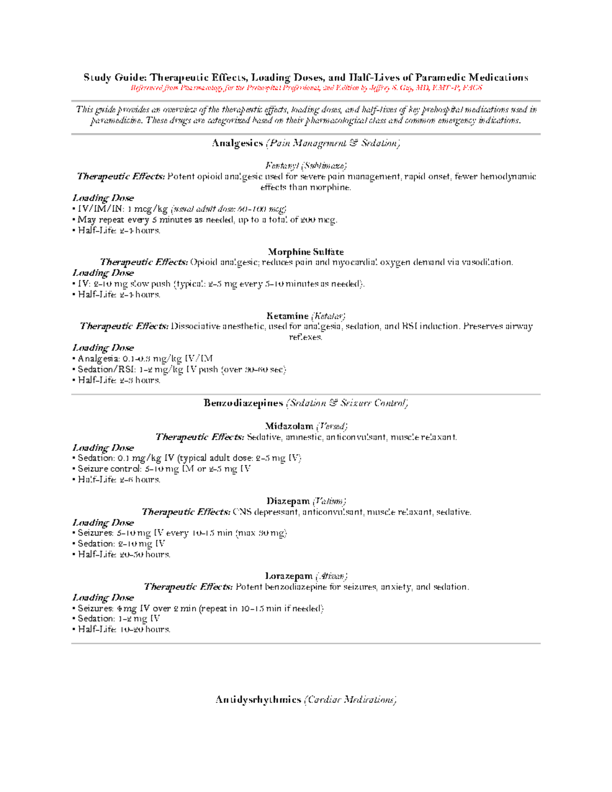 Study Guide: Therapeutic Effects & Loading Doses of Paramedic Meds (PHC ...