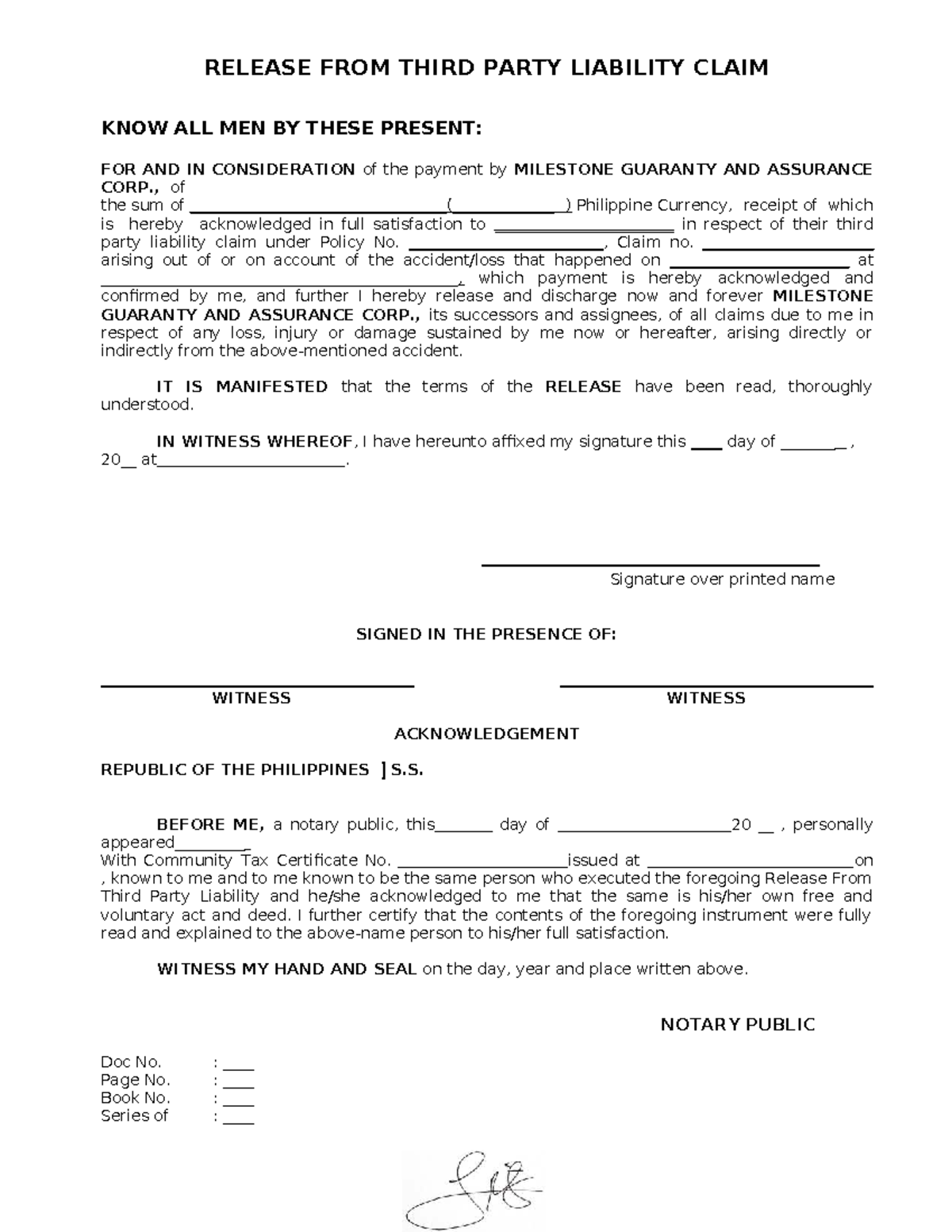 Release FROM Third Party Liability Claim - RELEASE FROM THIRD PARTY ...