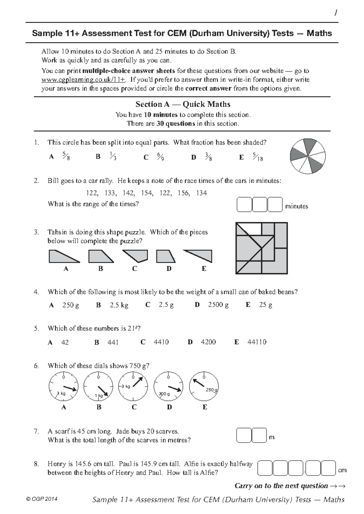 CEM Maths Sample Assessment Test - Practice Paper 1 - Studocu