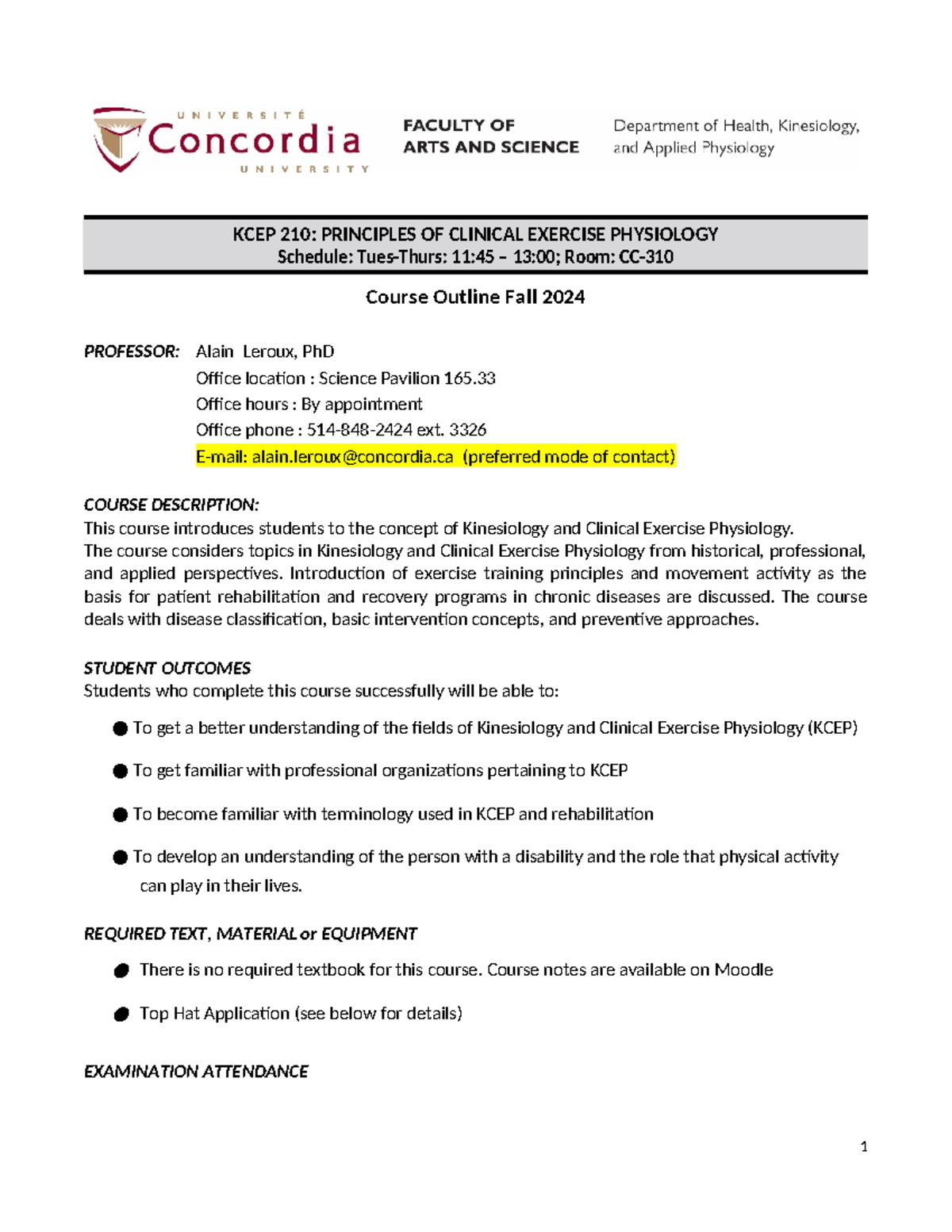 KCEP 210: Course Outline for Principles of Clinical Exercise Physiology ...