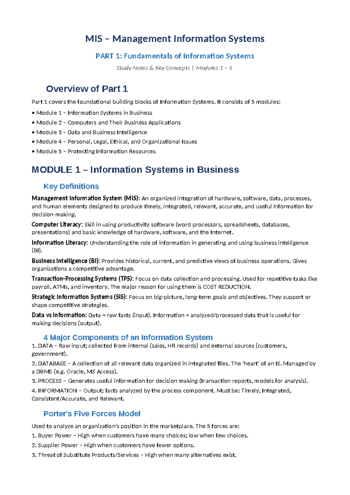 MIS 101: Part 1 Study Notes on Information Systems Fundamentals - Studocu