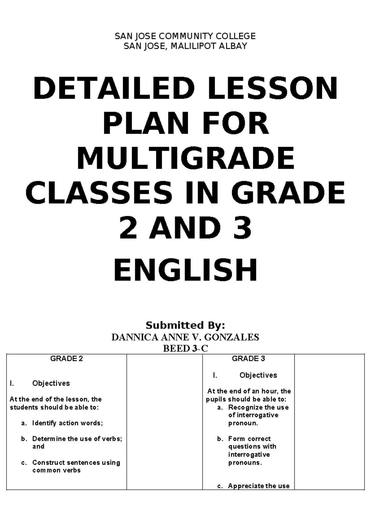 Detailed Lesson Plan for Multigrade Classes in English (Grade 2 & 3 ...