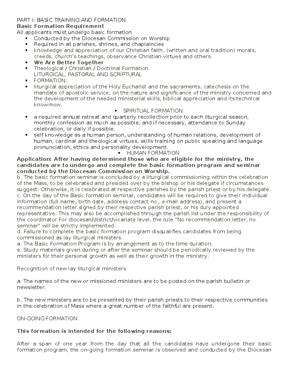 Basic Formation Program for Lay Liturgical Ministers (Part I) - Studocu