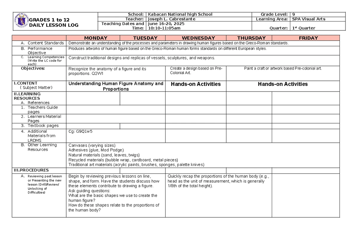 Visual Arts Lesson Plan: G9 Q2W3 - Colonial Icons & Structures - Studocu