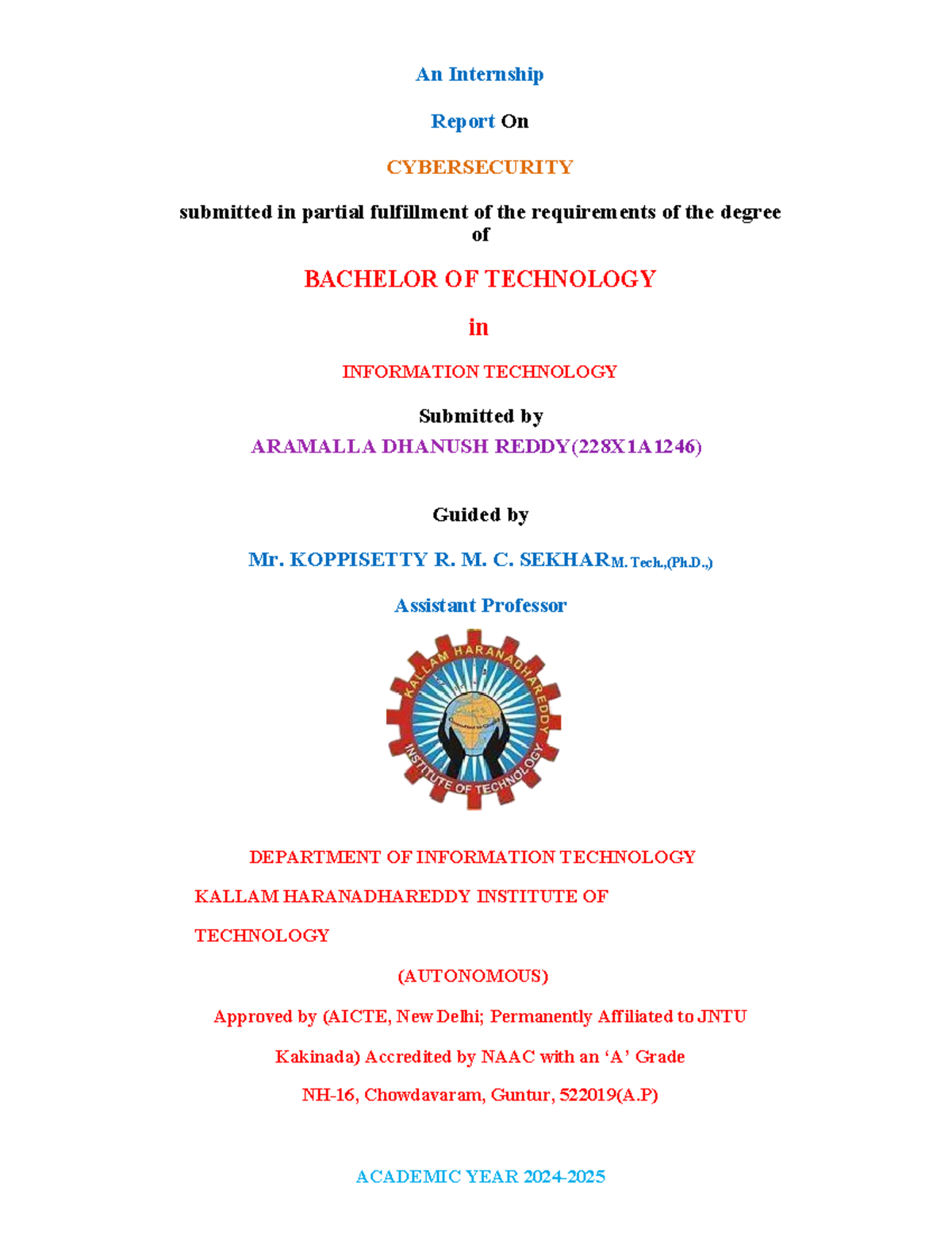 Internship Report on Cybersecurity - BTech IT - Summer 2024 - Studocu