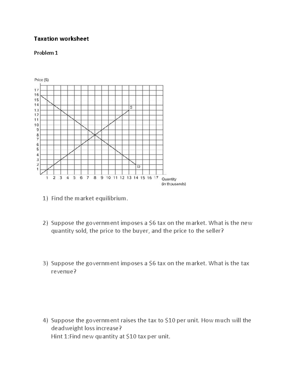 Taxation Analysis Worksheet for Economics Course: Equilibrium & Tax ...