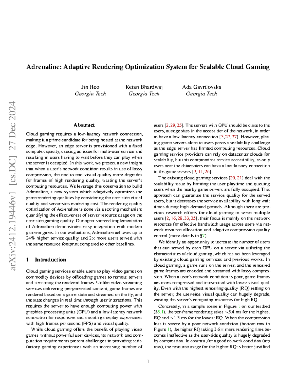 Adrenaline: Adaptive Rendering Optimization for Scalable Cloud Gaming ...