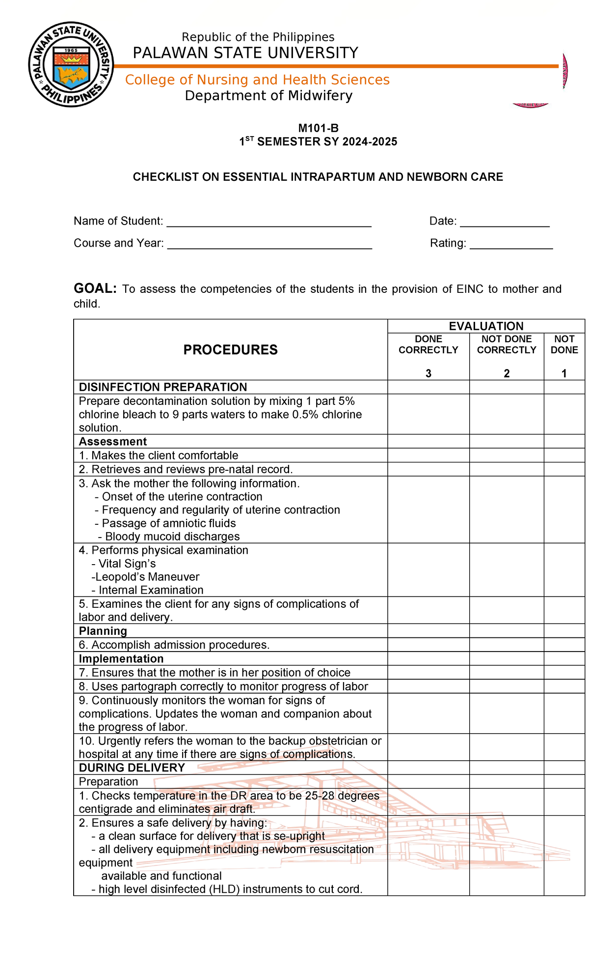 PSU Midwifery 1st Sem Checklist: Essential Intrapartum & Newborn Care ...