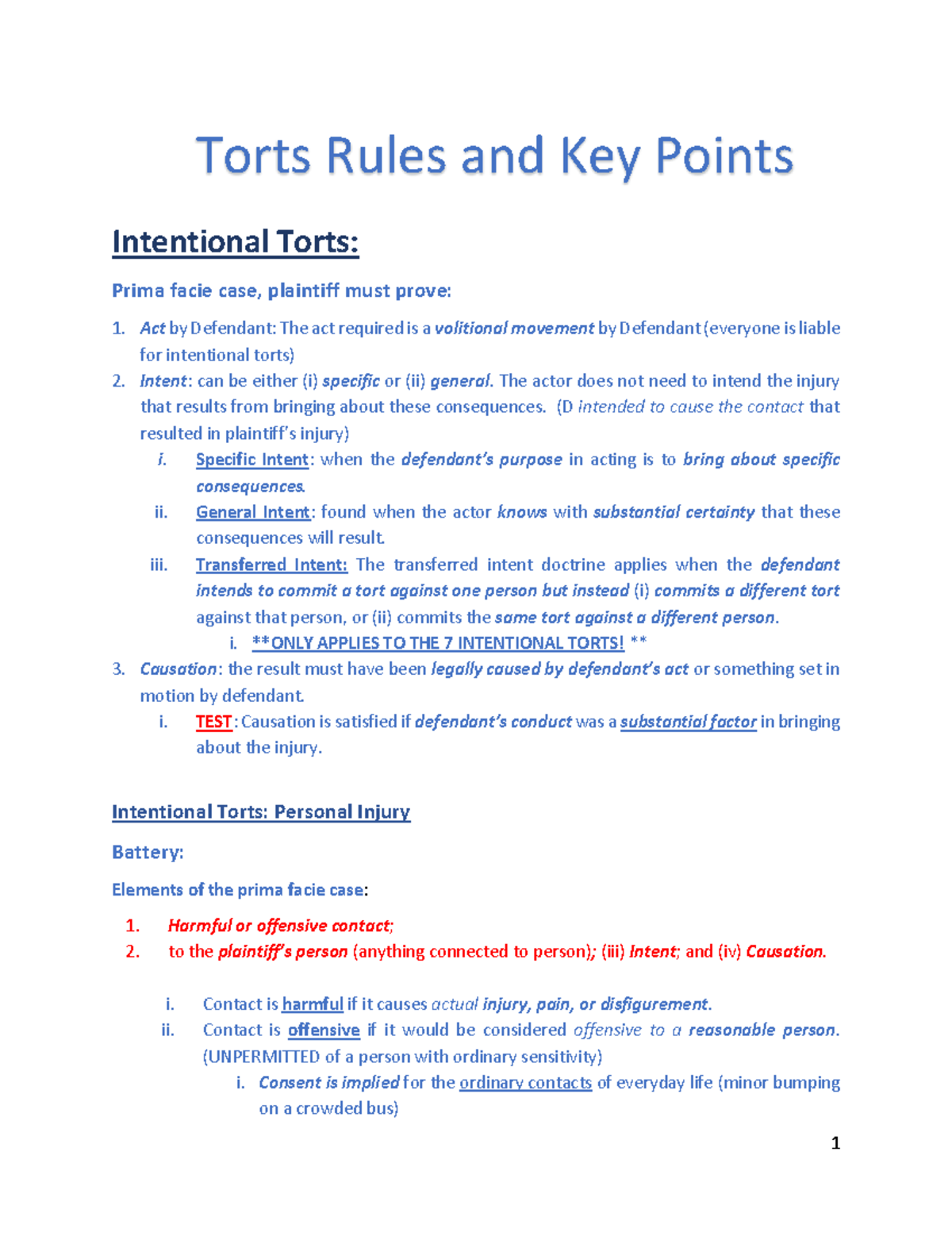 Torts Study Notes: Key Rules on Intentional Torts and Defenses - Studocu