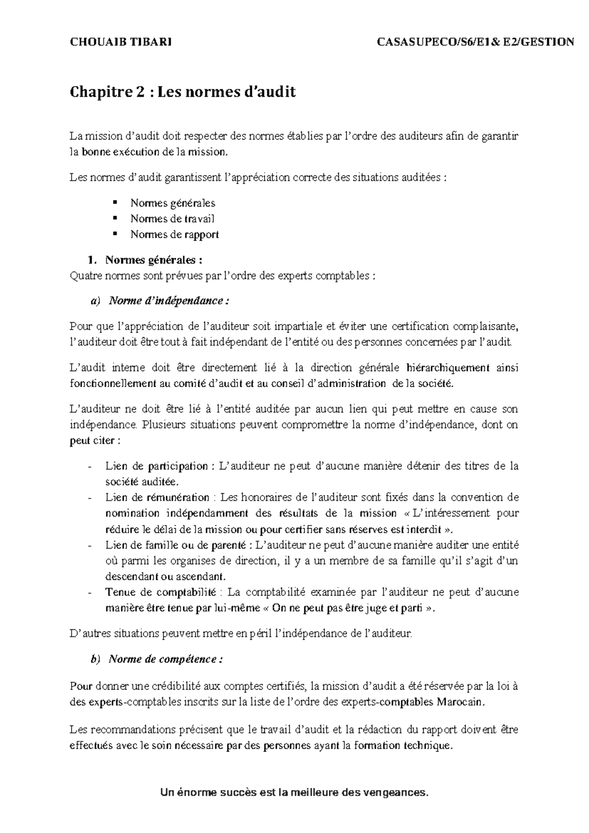 Chapitre 2 : Normes d'Audit pour les Missions Professionnelles - Studocu
