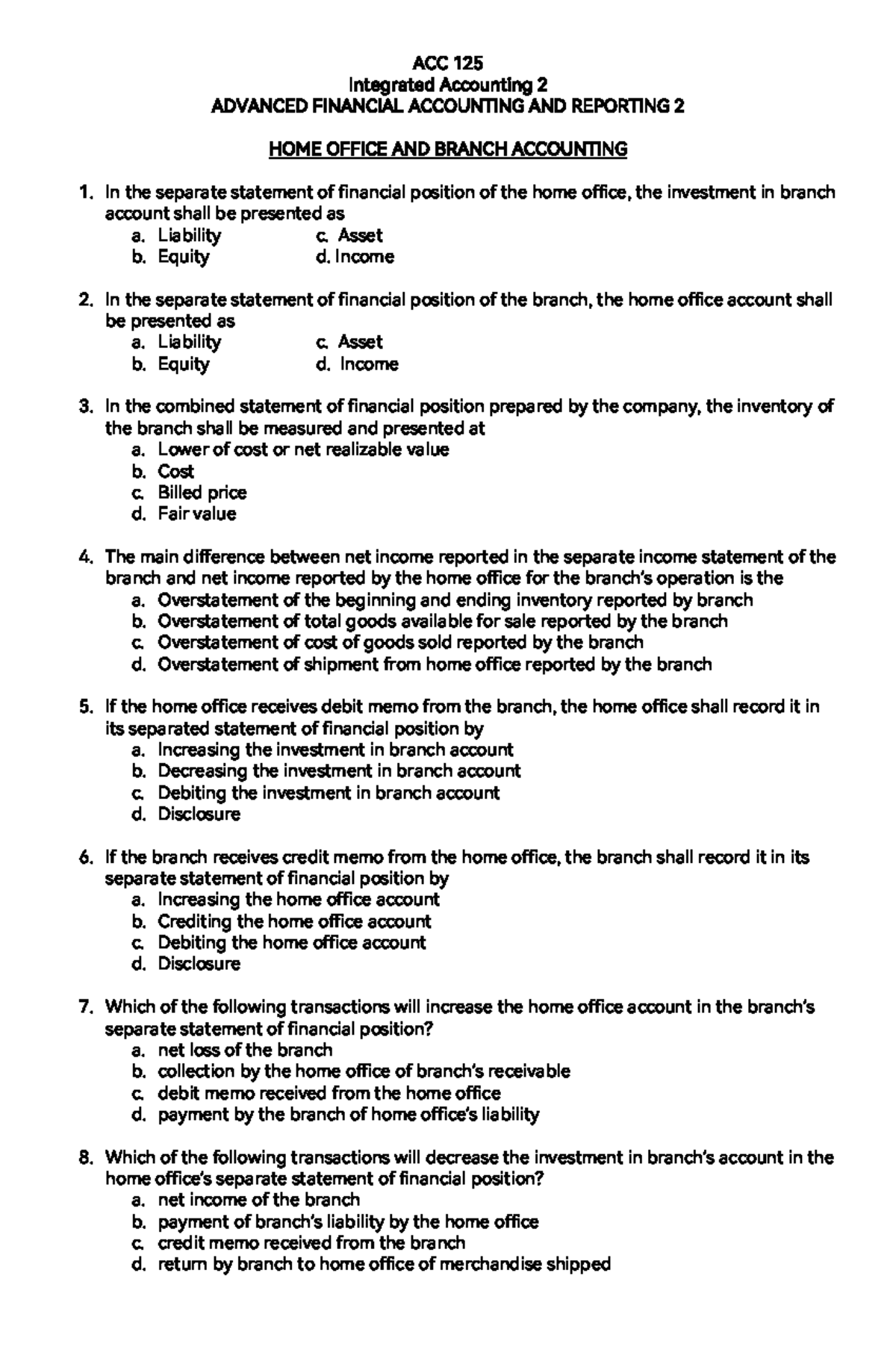 ACC 125 Home Office & Branch Accounting: Key Concepts & Q&A - Studocu