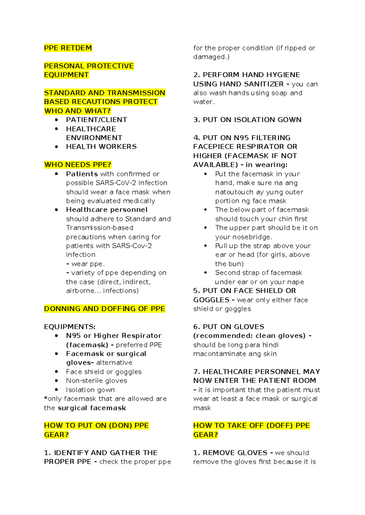 PPE- RETDEM: Guidelines for Safe Donning and Doffing Practices - Studocu
