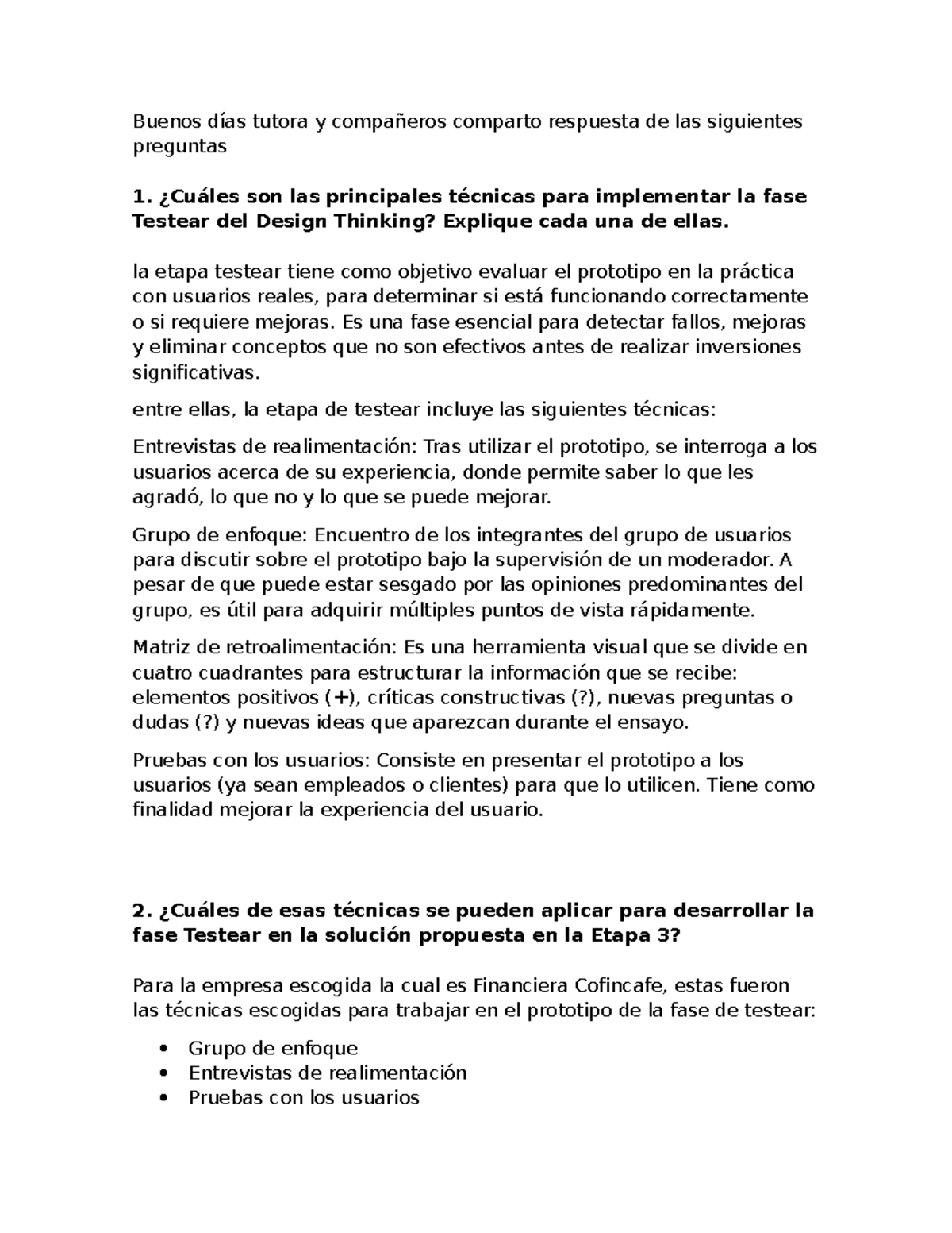 Técnicas y Herramientas para la Fase Testear en Design Thinking - Studocu