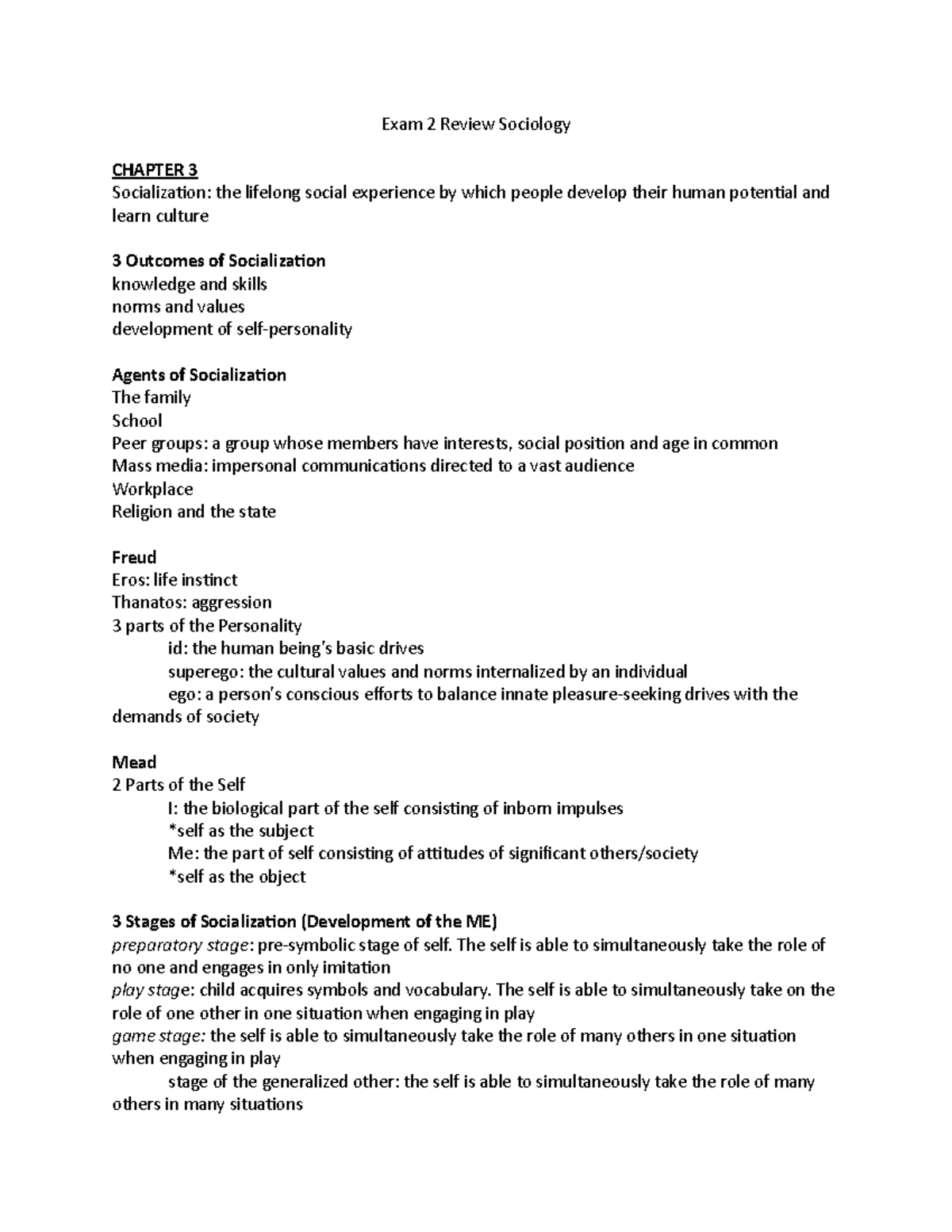 Sociology Exam 2 Study Guide - Key Concepts in Socialization for SOC ...