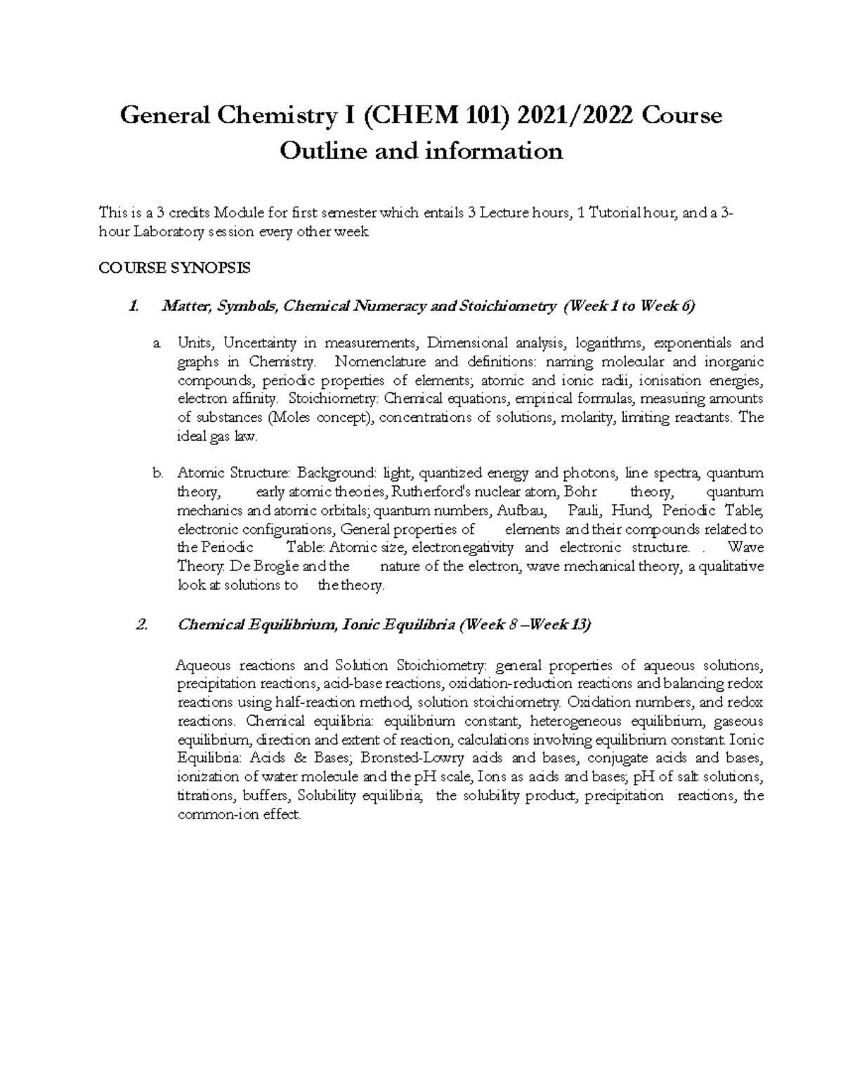 CHEM 101 General Chemistry I Course Outline & Overview - Studocu