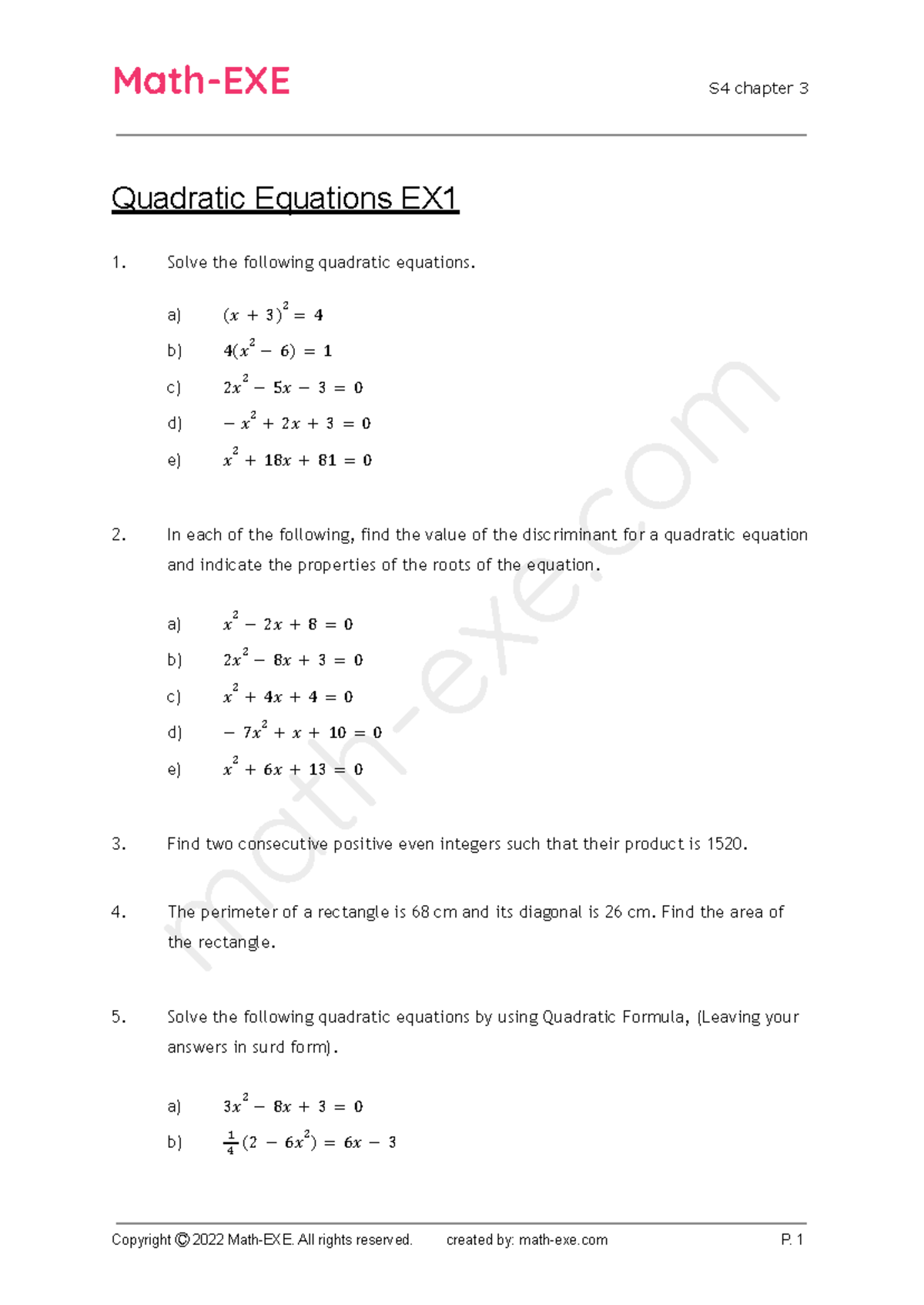S4 Chapter 3 Quadratic Equations Exercise 1 Solutions - Studocu