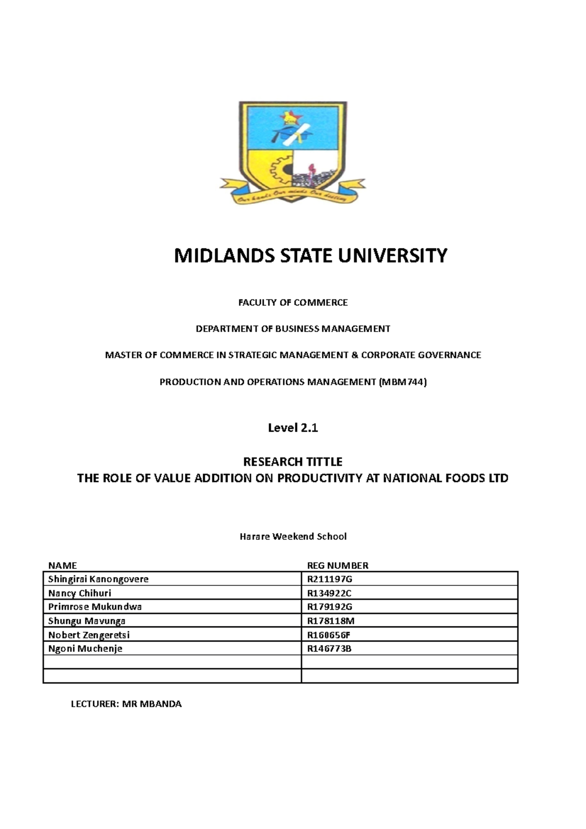 Group Assignment Production AND Operations Management (MBM744 ...