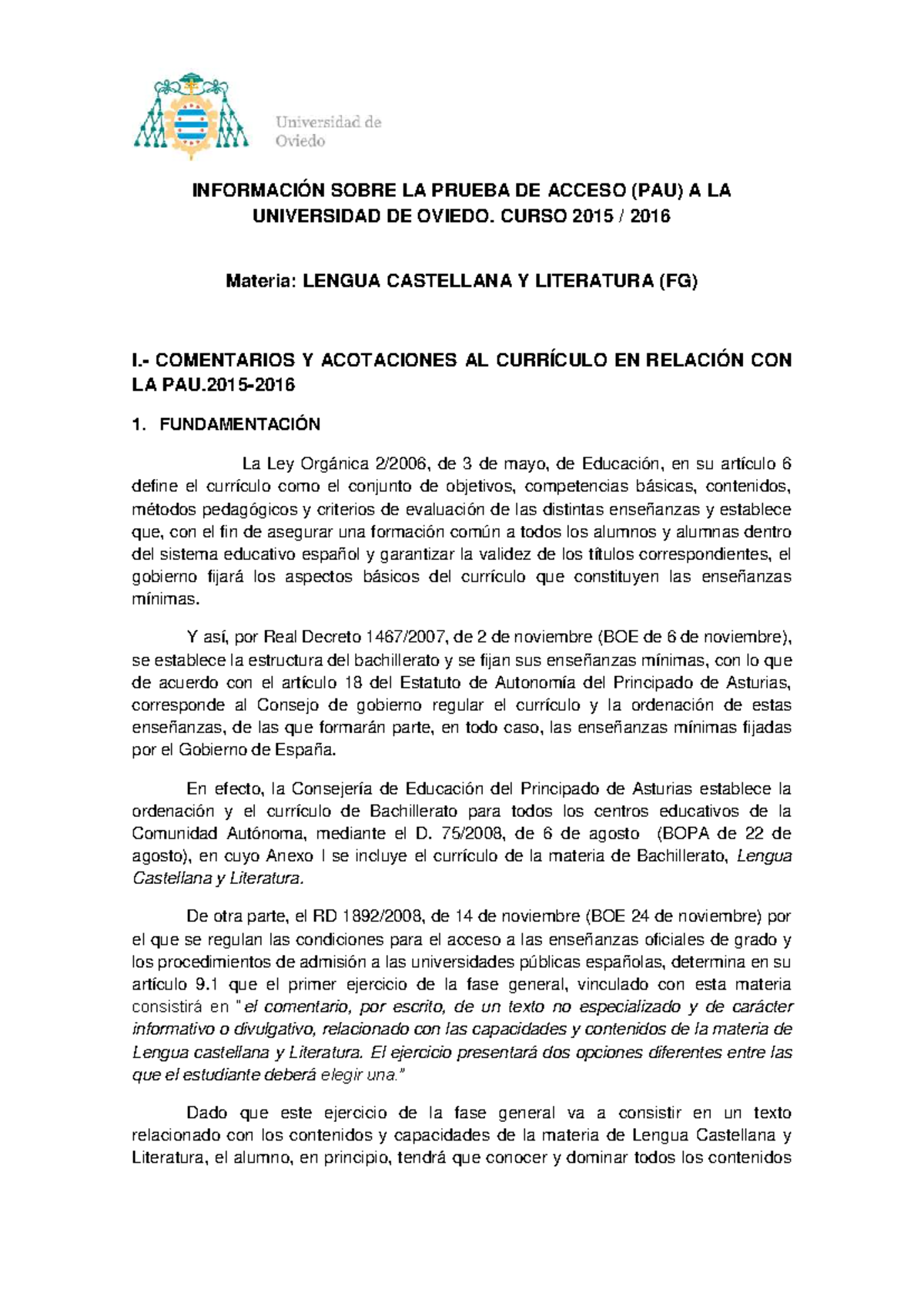 PAU 2015-2016: Guía para la Prueba de Acceso en Lengua Castellana y ...