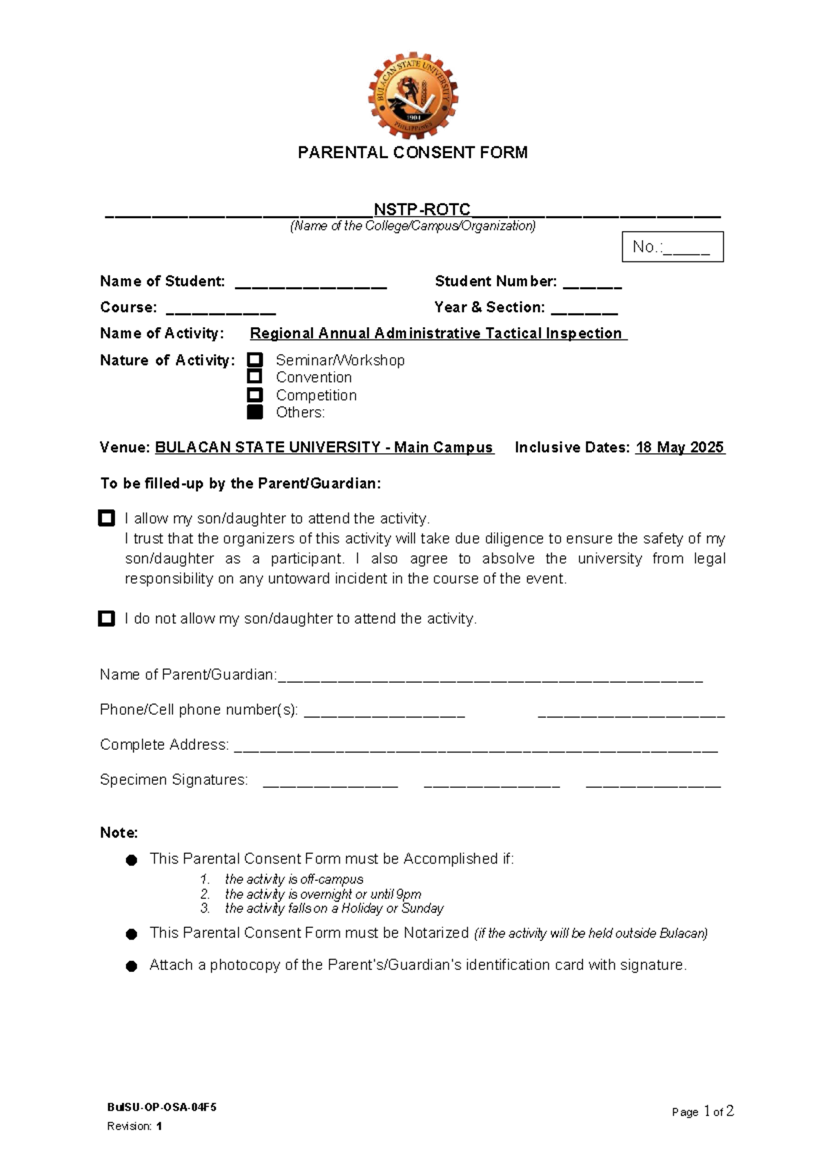 Parental Consent Form for Activity at Bulacan State University - May ...